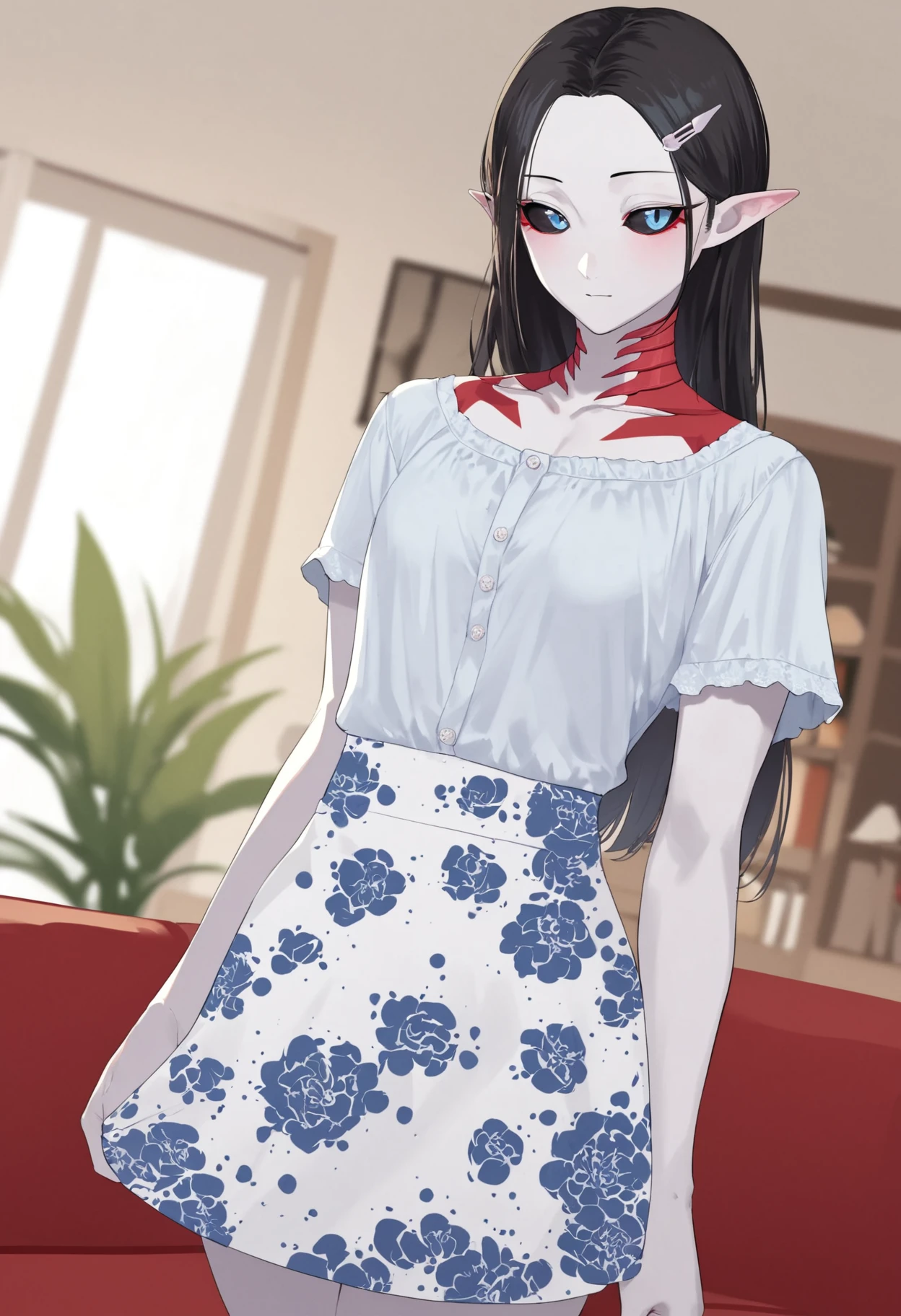 score_9, score_8_up, score_7_up,
solo, 1girl, pointed ears, black hair, long hair, blue eyes, black sclera, colored skin, white skin, red gills on neck, small breasts,
white shirt, white skirt, floral print skirt, cowboy shot, standing, hairclips, miniskirt,
living room,
<lora:BlueFrill-_style:0.8>, bluefrill