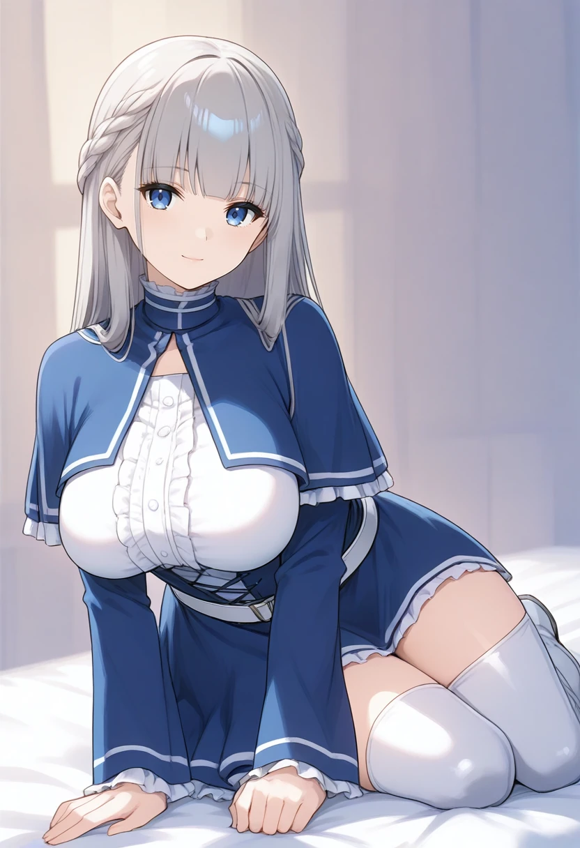 1girl, solo
<lora:SDXL_lawine__i:0.9> lawin
blue eyes, long hair, looking at viewer, dress, bangs, capelet, frills,long sleeves, light smile, 
grey hair,  blue dress, blue capelet, center frills,large breasts,white belt, breasts, blue skirt, short dress, zettai ryouiki, thighs, 
thigh boots, white footwear, lace-up boots, full body, 
masterpiece, best quality,ultra-detailed, very aesthetic,