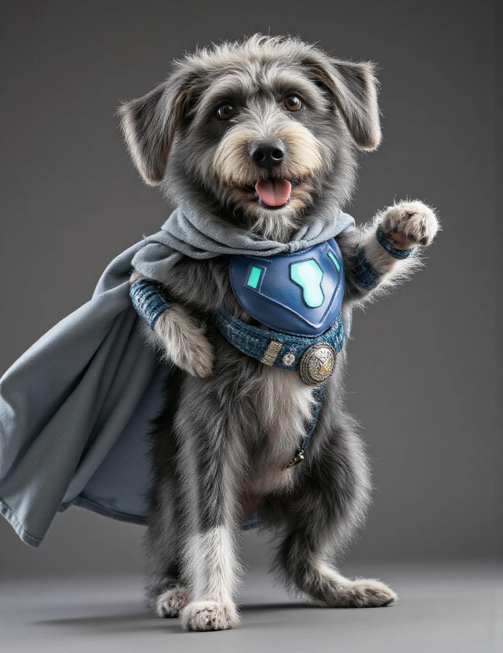 A charismatic Shepadoodle, with its distinctive grey and white fluffy coat, proudly stands in a heroic pose wearing a custom superhero outfit. The costume features a sleek, metallic blue chest piece that perfectly contours around its fluffy body, with strategic cutouts to let its natural coat pattern show through like a built-in design. A flowing cape in shimmering silver ripples behind them, complementing their grey fur. Their front paw is raised heroically, wearing a matching gauntlet that glows softly. A specially designed mask sits perfectly between their expressive eyes and floppy ears, with the ears poking through custom holes.