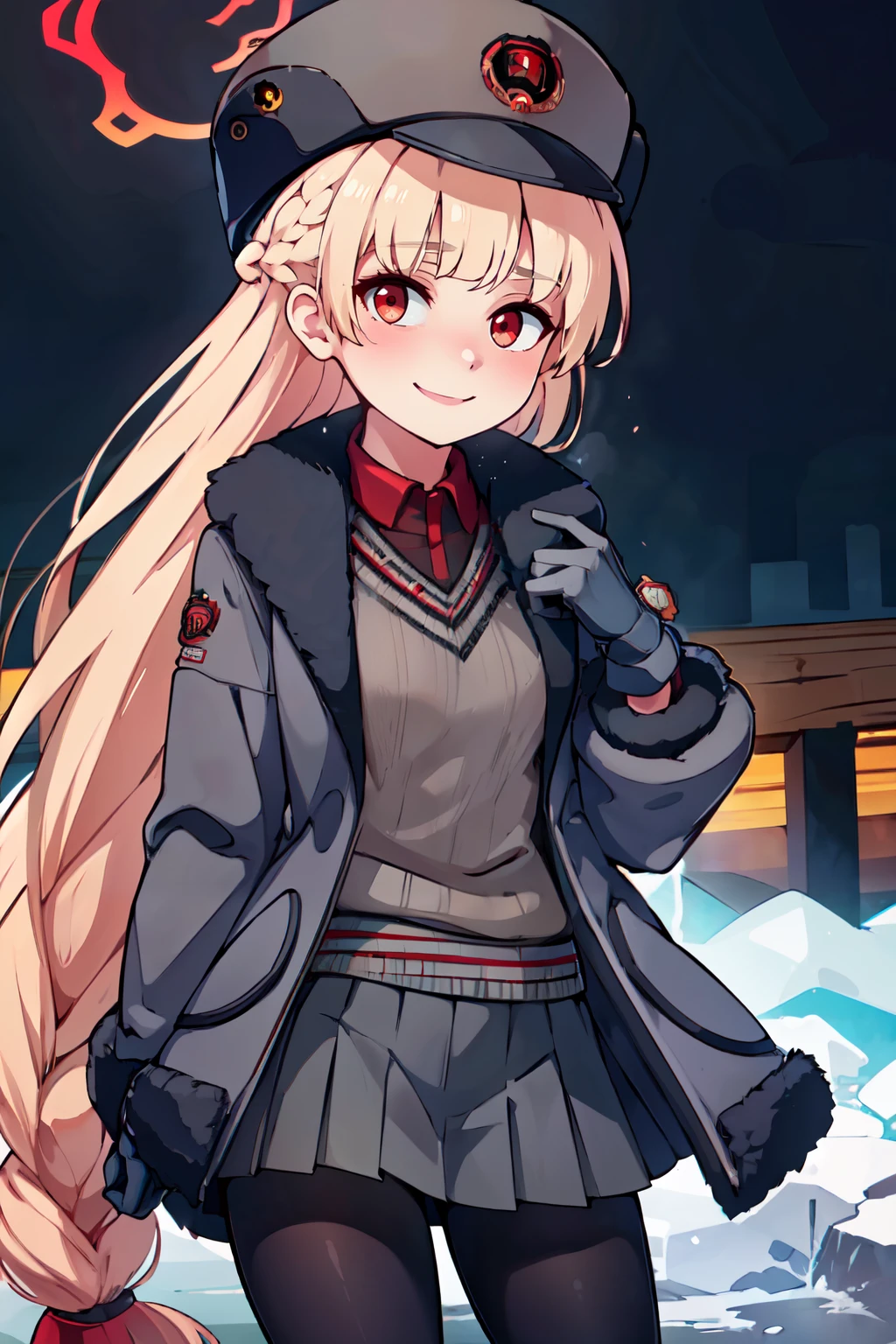 ((masterpiece,best quality)), absurdres,  BREAK, , <lora:Nodoka_BlueArchive_Citron:0.8>,, zzNodoka, halo, red eyes, blonde hair, long hair, hair bun, hat, braid, long sleeves, jacket, smile, blush, coat, fur trim, open clothes, collared shirt, grey headwear, pleated skirt, holding, sweater, black pantyhose, grey gloves, long sleeves, jacket, coat, sweater, pleated skirt, grey headwear, black pantyhose  , BREAK, hip to the side, contrapposto, cowboy shot,, BREAK, solo, smile, looking at viewer, cowboy shot,