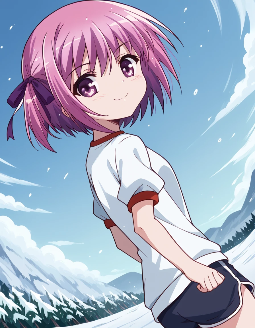 score_9, score_8_up, score_7_up, source_anime, <lora:tomoka-minato-s1-ponyxl-lora-nochekaiser:1>, tomoka minato, short hair, ribbon, purple eyes, hair ribbon, purple hair, side ponytail, one side up,, gym uniform, shorts, black shorts, dolphin shorts, snow day, winter clothes, snowball fight, laughter, cold breath, white landscape, smile, <lora:shaft-look-ponyxl-lora-nochekaiser:1>, shaft look, looking back, from behind, head tilt,, looking at viewer, solo,, dutch angle, cowboy shot