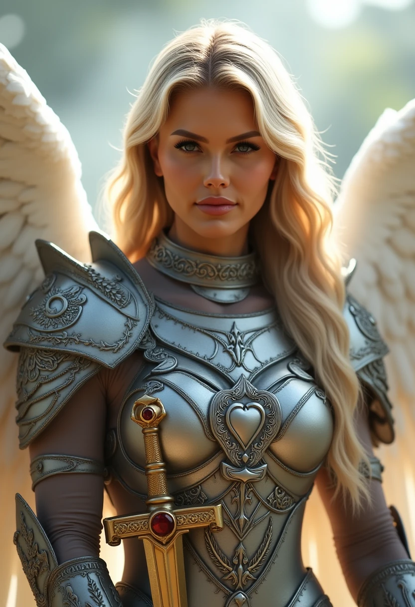 This is a highly detailed photograph of a female angelic warrior. The photograph provides meticulous attention to texture and lighting. The subject is a young woman with long, flowing platinum blonde hair cascading down her back, and large, white feathered wings that extend behind her. Her eyes are a striking, and she has a determined, almost fierce expression.

She is clad in elaborate, metallic armor that glistens under the soft, ethereal light. The armor is intricately designed with ornate patterns and is a mixture of silver and grey tones, giving it a regal, ancient appearance. The breastplate is highly detailed, with a prominent heart-shaped emblem on the center, and the shoulder guards are adorned with intricate floral motifs. Her left hand grips a long, ornate sword with a golden hilt and a red gem embedded in the pommel. The sword is held at her side, pointing slightly downwards.

The background is a blend of soft, diffused light, creating a serene yet intense atmosphere. The overall scene suggests a celestial battlefield, with the angelic warrior standing as a symbol of strength and protection. 4LYT4Y