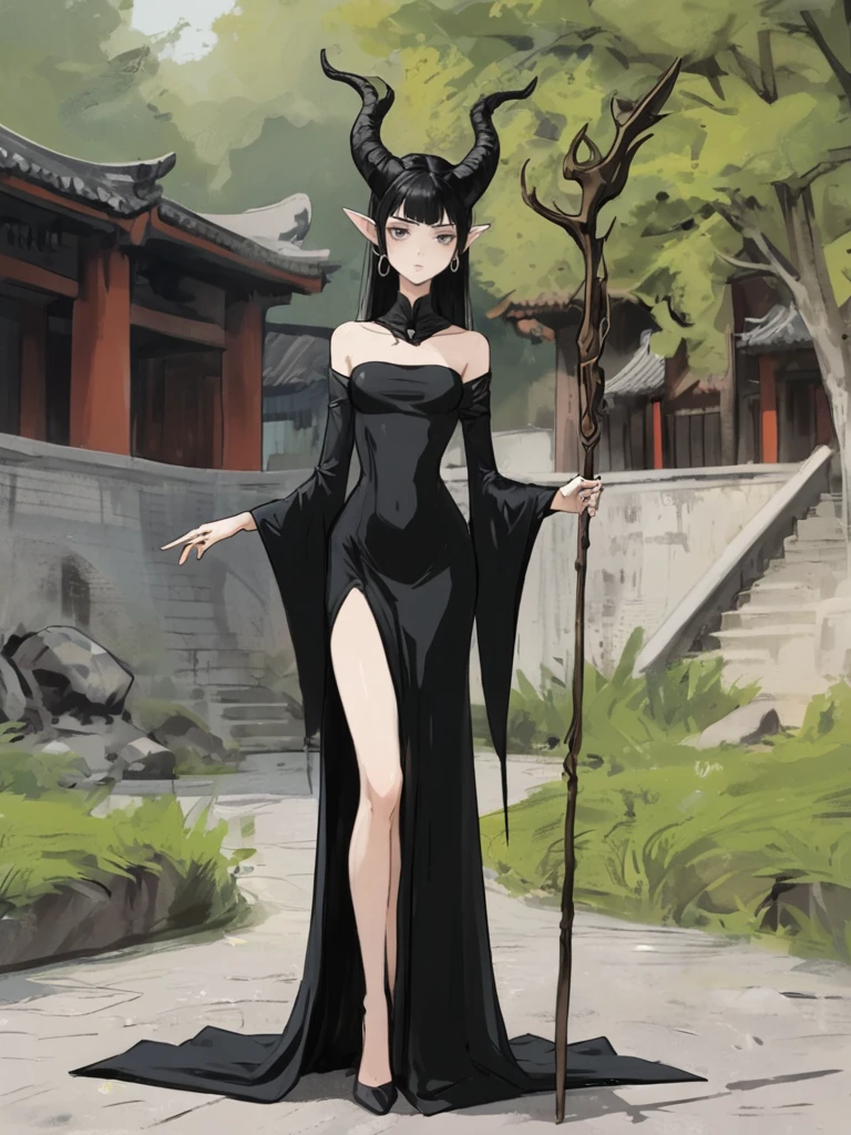 ,chouxian,1girl,solo,horns,dress,staff,standing,holding,black dress,long dress,long sleeves,sharp fingernails,holding staff,horned headwear,colored skin,closed mouth,full body,long fingernails,breasts,fake horns,looking at viewer,wide sleeves,black hair,small breasts,jingguan,outdoors,<lora:abstract-wwm:0.8>