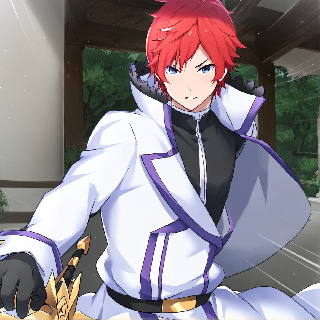 <lora:Reinhard:1>, reinhard, stands at exactly six feet tall, his most striking feature, is his distinct flaming red hair, that shines as brightly, his sparkling blue eyes, portray a sense of confidence and recklessness, his slender frame, features an array of well-toned muscles, he exuded an aura of gallantry, and, at a first glance, he gave off an intimidating air, that indicated him as someone who is above the norm, his extraordinarily handsome face, beyond average looks and his open, calming and approachable personality, makes him very popular with people, which catches the eye of many women, further exemplifying his magnificence, his casual attire consists of, a well-made black shirt, that he also wears as part of his uniform, white trousers with lilac cuffs, black shoes, black gloves, and a double-breasted white long coat, with a cutaway front, rolled cuffs, lapels, and lilac lining, the crest can be seen proudly pictured, on the upper part of his left sleeve, and a black belt, is fastened tightly around his waist, with it, he fastens his esteemed dragon sword reid, whenever he has to go out, solo, in a city, with sakura trees