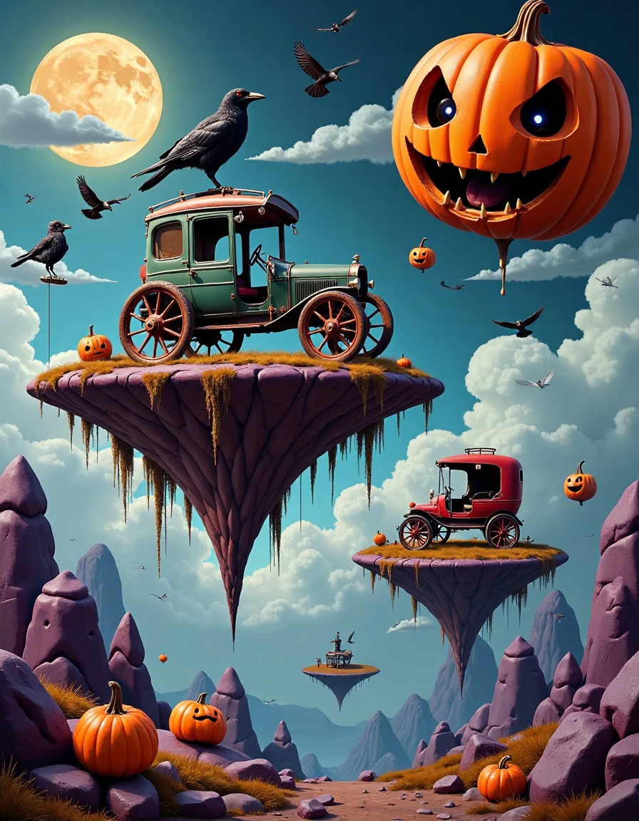 setoscape_style, A masterful surrealist Halloween painting in the distinctive style of Tomasz Setowski, portraying a whimsical, eerie landscape where floating islands drift through misty, moonlit skies. The islands are haunted with surreal mechanical-organic creatures, like crows made of twisted rusted metal, with glowing eyes, and vintage Halloween objects, including a skeletal antique carriage suspended in mid-air with oversized, spiked wheels, defying gravity. The sky above features a large, grinning jack-o'-lantern face, casting an ominous glow over the scene. The composition is rich in dark, jewel-toned purples, deep oranges, and sharp contrasts, with layers of perspective that evoke a sense of unsettling mystery. Soft, painterly strokes bring the ghostly mechanical textures to life, blending precision with haunted imagination in this surreal, Halloween world