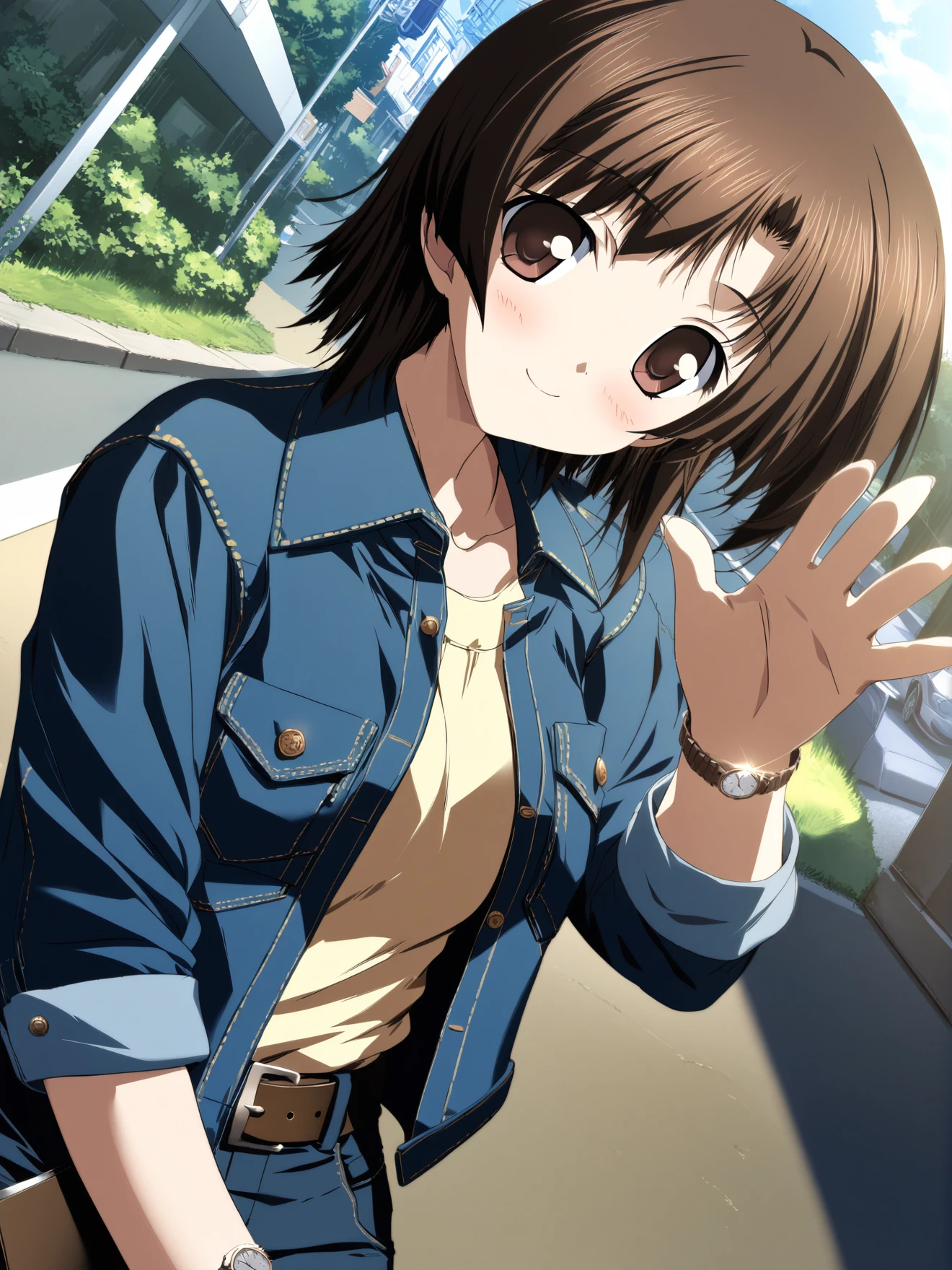 masterpiece, best quality, high quality, aesthetic, absurdres, insanely detailed,
1girl, smile, short hair, waving, denim, open jacket, dutch angle, brown hair, denim jacket, brown eyes, shirt, long sleeves, watch, open clothes, outdoors, blush, looking at viewer, sky, pants, belt, pocket, 
<lora:tsukimori-hiro-style-xl_v1.0:1>