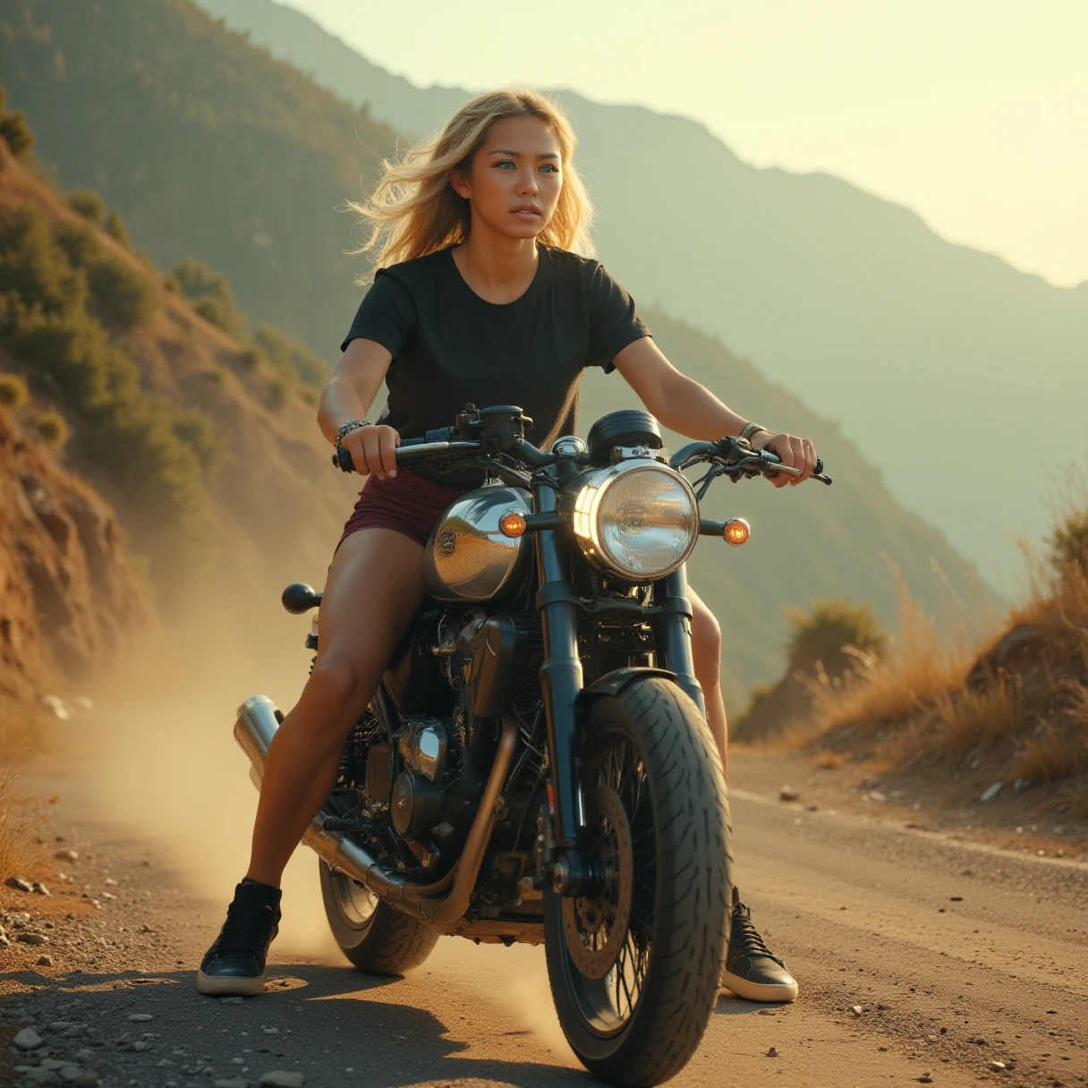 midshot, dynamic angles,photoshoot poses,A lone figure emerges from the misty mountainside, astride a sleek silver and black motorcycle that glows like polished steel in the afternoon sun. The young woman's blonde hair flows behind her in loose waves, framing her determined face with its serious expression. Her eyes gaze off into the distance, lost in thought as she navigates the winding road. She wears a black t-shirt, maroon shorts, and black sneakers that appear almost invisible against the rugged terrain. The camera captures her in a medium shot, with the mountainous backdrop subtly blurred to emphasize her focus on the open road ahead. Cinematographer Terrence Malick's signature style infuses the scene with an air of introspection and freedom, as the soft golden light casts long shadows across the rough asphalt. A gentle haze hangs low over the mountains, imbuing the atmosphere with a sense of mystery.,RAW candid cinema, 16mm, color graded portra 400 film, remarkable color, ultra realistic, textured skin, remarkable detailed pupils, realistic dull skin noise, visible skin detail, skin fuzz, dry skin, shot with cinematic camera, detailed skin texture, (blush:0.2), (goosebumps:0.3), subsurface scattering, beautiful photograph in the style of Augustus John, Sergio Toppi, Virginia Frances Sterrett, 8k HD, detailed skin texture, ultra realistic, textured skin, analog raw photo, cinematic grain, whimsical