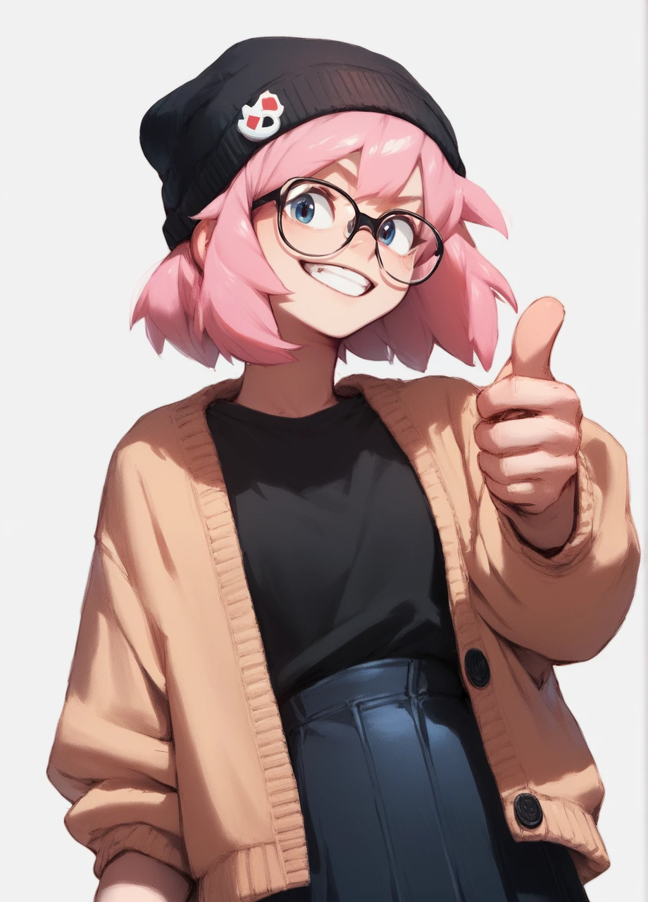 1girl, solo, popstep, pink hair, medium hair, black beanie, glasses, cardigan, skirt, thumbs up, grin, cowboy shot  <lora:BNHA_PopStep-PONY:1>, score_9, score_8_up, score_7_up, score_6_up,