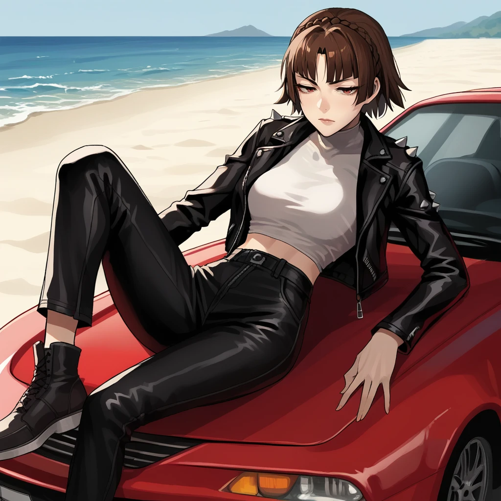 score_9, score_8_up, score_7_up, score_6_up, score_5_up, score_4_up, zPDXL2,source_anime,rating_questionable,1girl, solo, nijima makoto, leather jacket, black pants, white shirt, lying on back, beach, half-lidded eyes,  <lora:Sitting_On_Car:0.8> c4rs1t, red car, sports car, sitting, lounging