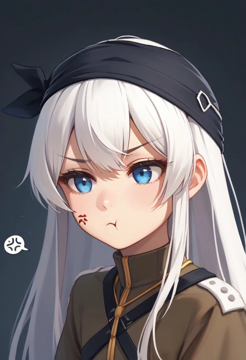 score_9, score_8_up, score_7_up, source_anime, BREAK, white hair, long hair, blue eyes, bandana, close up, pout, :t, closed mouth, spoken anger vein,