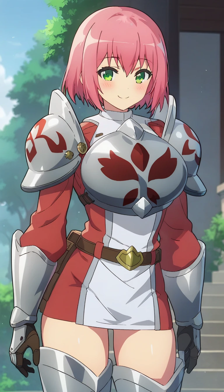 score_9,score_8_up,score_7_up,score_6_up BREAK official art,solo,outdoors,upper body,(portrait:1.5),looking at viewer,facing viewer,smile,blush,Hanabata Nohkins,short hair,pink hair,bangs,green eyes,pauldrons,shoulder armor,breastplate,armored dress,gauntlets,gloves,large breasts,long sleeves,belt,thighs,zettai ryouiki,thigh boots,<lora:Hanabata Nohkins(ig)-Pony:1.5>,