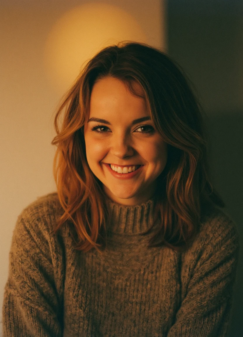 a photo of Dillion, looking into the camera with a smile. she's wearing a wool sweater. 
The scene is immersed in a rich, warm glow, with soft, elongated shadows that create a sense of tranquility and nostalgia. 

Taken with an old Polaroid, the image has a soft, dreamy effect with faded colors and a slight blur, evoking nostalgia.