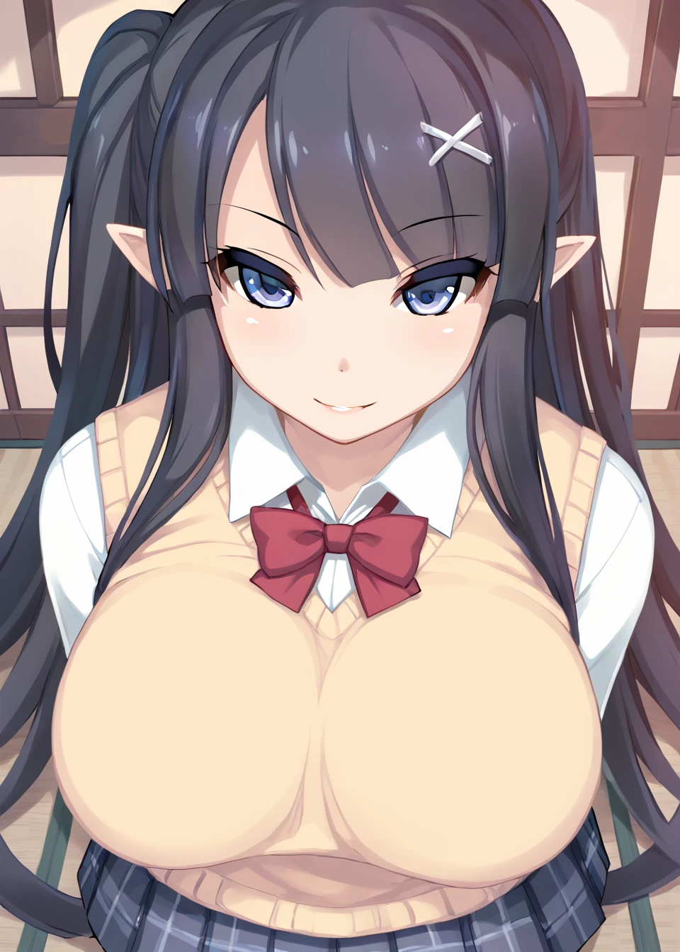 paizuri, 1girl,1boy, paizuri, penis between the breasts breasts squeezed together, my step sister cosplay n impact, , naughty smile, room, wet penis, under boob
