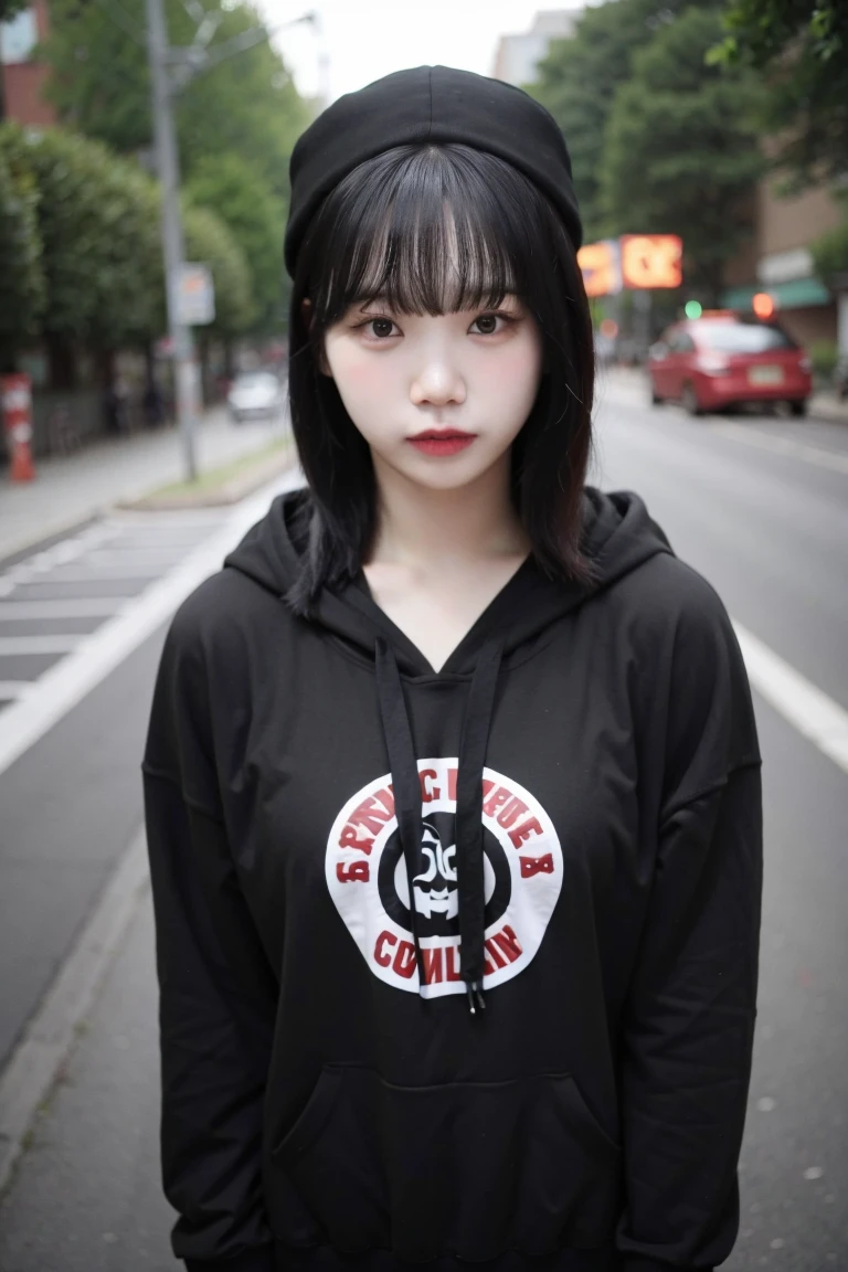 upper body photo of sserafimchaewon in black hoodie, makeup, streets, day, (photorealistic:2.0), <lora:sserafimchaewon-v3:1>