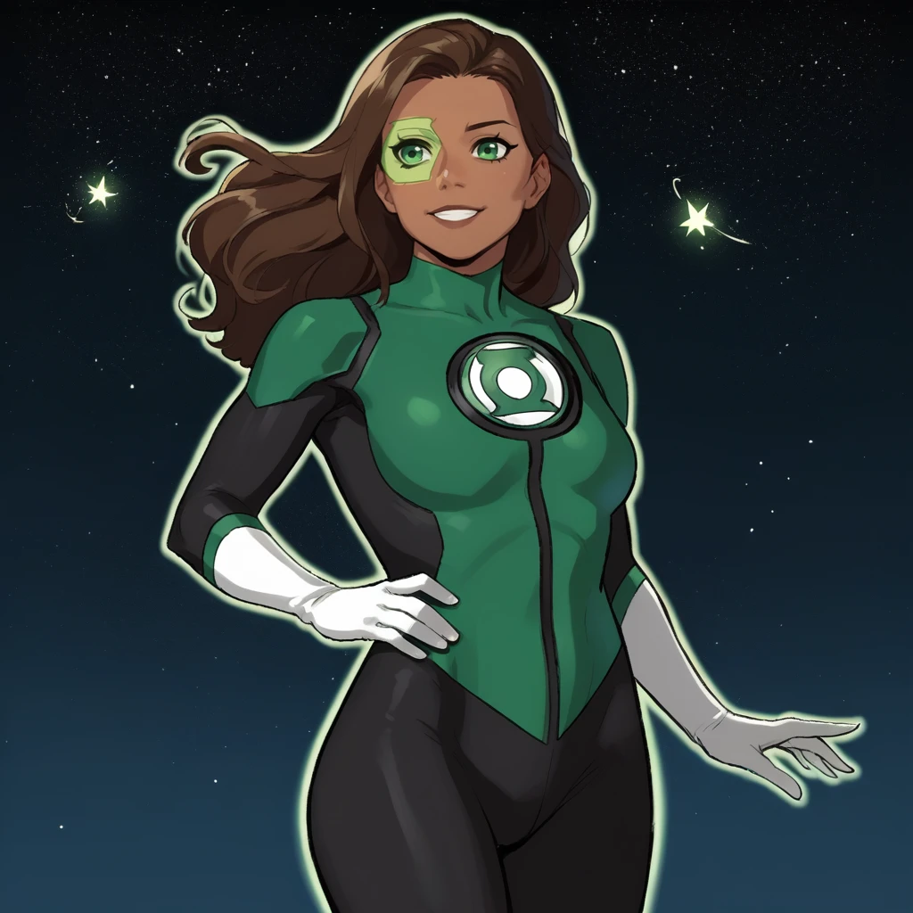 score_9, score_8_up, score_7_up, score_6_up, score_5_up, score_4_up, zPDXL2,source_anime,rating_questionable,1girl, solo, smile, cowboy shot, hand on hips, floating, stars, night, <lora:Jessica_Cruz_-_DC_Comics:1> jessicacruz_dc, dark skin, long brown hair, green eyes, green bodysuit, white gloves