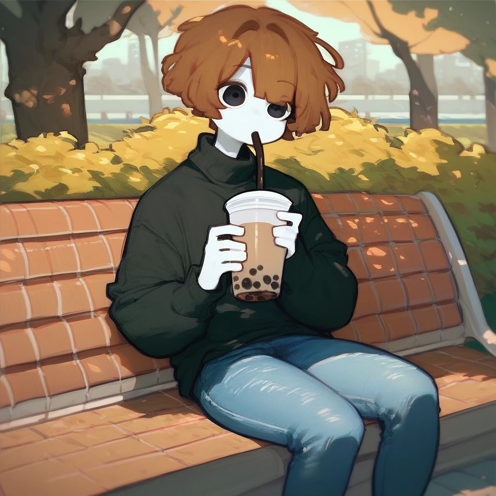 score_9_up, score_8_up, score_7_up, mikus-sona, white skin, black eyes, brown hair, black sweater, jeans, park, holding, bubble tea