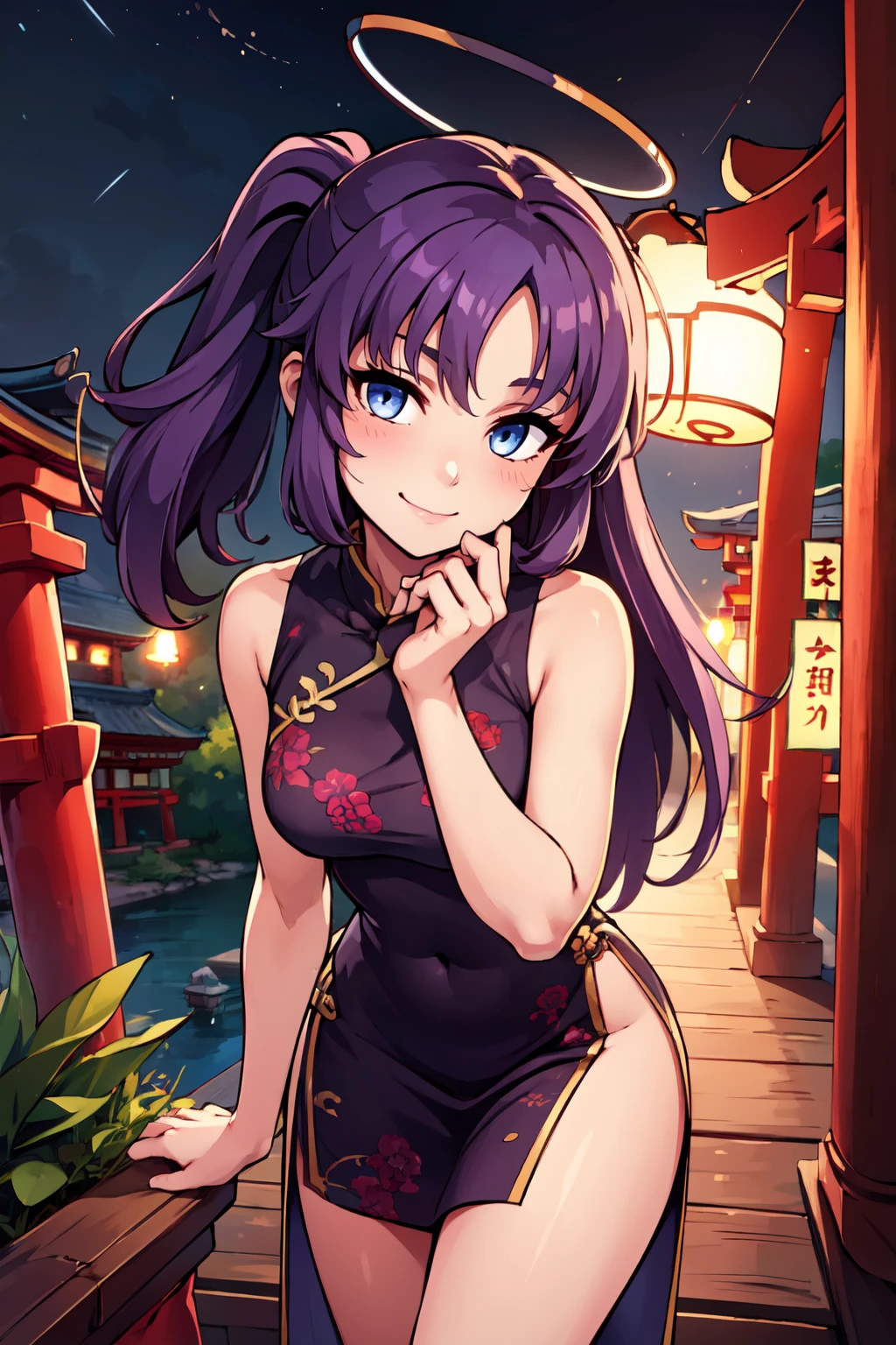 ((masterpiece,best quality)), absurdres,  BREAK, , <lora:Yuuka_BlueArchive_Citron:0.8>,, zzYuuka, halo, purple hair, long hair, mechanical halo, purple eyes, two side up, blue eyes, ponytail , BREAK,  china dress, pelvic curtain, side slit, sleeveless, print dress, covered navel, no panties, outdoors, night, torii, shrine, east asian architecture, leaning forward, hand on own thigh, from above,, BREAK, solo, smile, looking at viewer, cowboy shot,