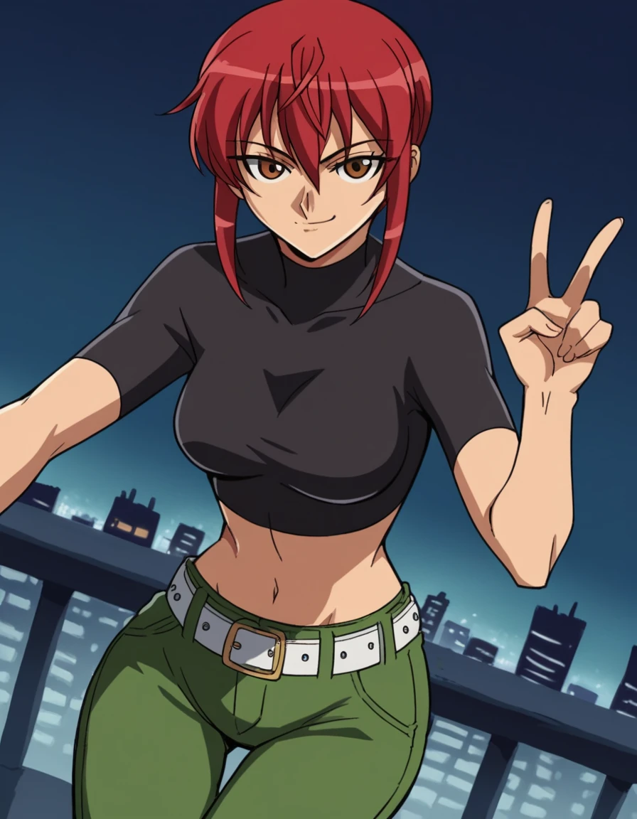 score_9, score_8_up, score_7_up, source_anime, <lora:riza-wildman-s1-ponyxl-lora-nochekaiser:1>, riza wildman, short hair, brown eyes, red hair, hair between eyes, sidelocks, medium breasts,, shirt, short sleeves, midriff, belt, pants, crop top, cropped shirt, green pants, black shirt, turtleneck,, city skyline, rooftop view, night time, city lights, quiet reflection, , v, v over mouth, smug,, looking at viewer, solo,, dutch angle, cowboy shot