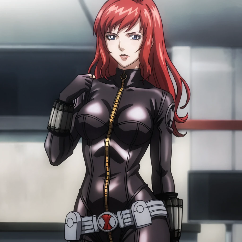 <lora:blackwidowanime_pony_v1:.8>  BlackWidowAnime, 1girl, bodysuit, red hair, long hair, medium breasts, gloves, holster, makeup, zipper, uniform, cowboy shot