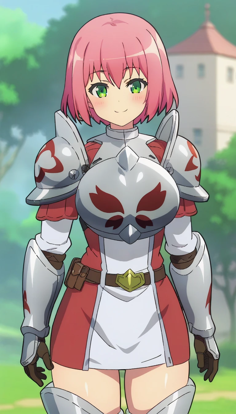 score_9,score_8_up,score_7_up,score_6_up BREAK official art,solo,outdoors,upper body,(portrait:1.5),looking at viewer,facing viewer,smile,blush,Hanabata Nohkins,short hair,pink hair,bangs,green eyes,pauldrons,shoulder armor,breastplate,armored dress,gauntlets,gloves,large breasts,long sleeves,belt,thighs,zettai ryouiki,thigh boots,<lora:Hanabata Nohkins(ig)-Pony:1.5>,