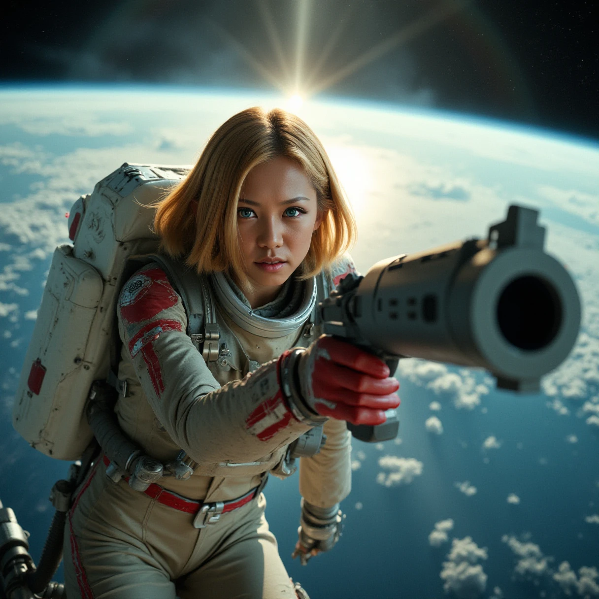 dynamic angles,photoshoot poses, The image shows a young woman in a space suit, holding a large futuristic weapon. She is flying in front of a vast expanse of space, with the Earth visible in the background. The woman has shoulder-length blonde hair and is looking directly at the camera with a serious expression on her face. She has a backpack attached to her back, which appears to be made of a white and red material.  The sky is dark and cloudy, with a bright light shining down on the woman. The overall mood of the image is intense and dramatic,RAW candid cinema, 16mm, color graded portra 400 film, remarkable color, ultra realistic, textured skin, remarkable detailed pupils, realistic dull skin noise, visible skin detail, skin fuzz, dry skin, shot with cinematic camera, detailed skin texture, (blush:0.2), (goosebumps:0.3), subsurface scattering, beautiful photograph in the style of Augustus John, Sergio Toppi, Virginia Frances Sterrett, 8k HD, detailed skin texture, ultra realistic, textured skin, analog raw photo, cinematic grain, whimsical