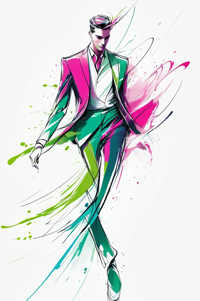 A digital illustration of an elegant man in motion, A minimalist fashion illustration of an elegant man in motion with vibrant colors and fluid lines. The background is white for contrast, creating a sense of movement and elegance. This design is suitable for use across various applications, greens, and grays, highlighting the dynamic pose and stylish attire. Soft lighting creates depth and dimension to showcase movement, rendered as colorful ink splashes on a white background. The colors include vibrant pinks, resulting in a high-resolution, set against a white background. The color palette features shades of blue and green, set against a white background. The colors create dynamic splashes around his figure, standing tall with graceful curves and flowing lines, making it suitable for design projects or promotional materials, adding energy to the composition. His pose is graceful yet powerful as he moves across the scene. This style reflects movement and fashion elegance, A fashion illustration of an elegant man in motion.
<lora:artfullyWHTFSKETCH:1>, artwhtfsketch,