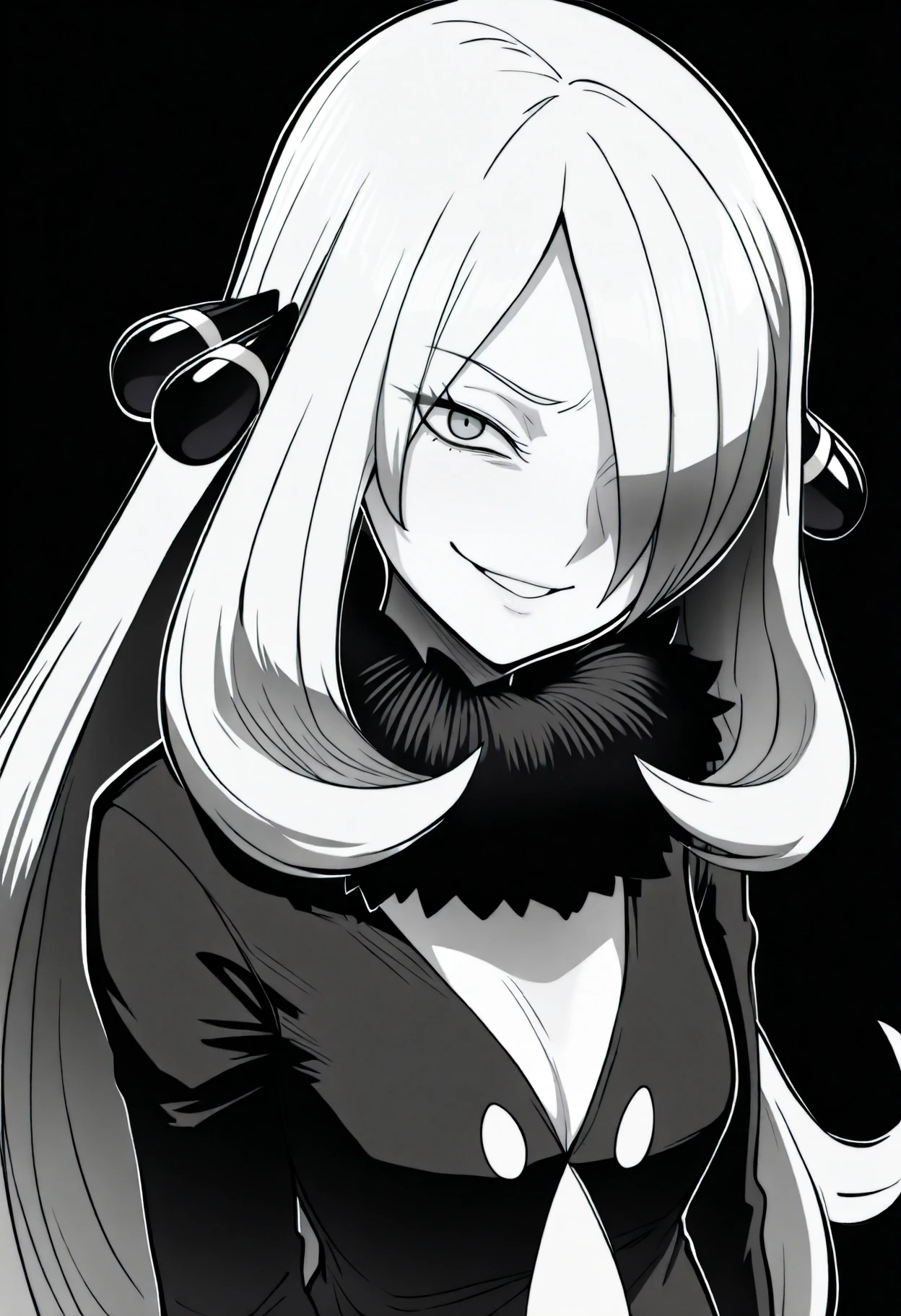best quality, amazing quality, very aesthetic, absurdres,
monochrome, greyscale, ebiblue, gesugao,
1girl, cynthia \(pokemon\), blonde hair, hair over one eye, very long hair, grey eyes, eyelashes, hair ornament,
black coat, fur-trimmed coat, shirt, fur collar,
(glowing eyes:0.5), smile, looking at viewer, solo, black background <lora:EbiblueIllustriousXL_byKonan:1> <lora:CynthiaIllustriousXL_byKonan:1>