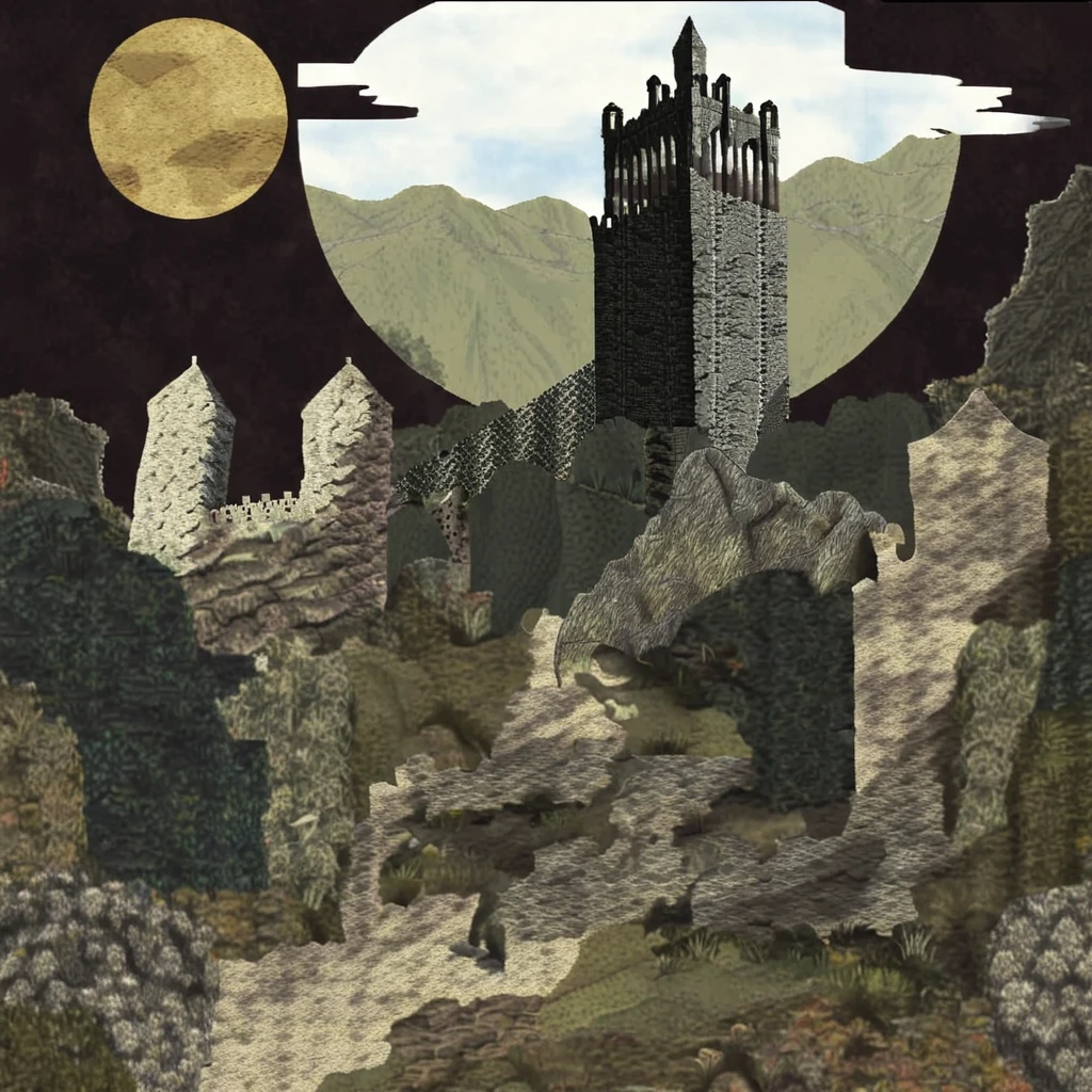 ohw rendering, valley of the drakes in dark souls, collage style, cutout