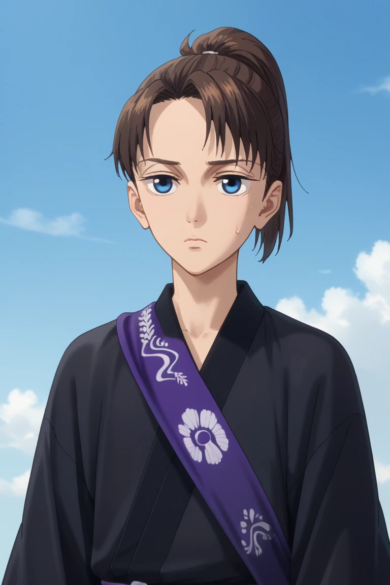 score_9, score_8_up, score_7_up, score_6_up, score_5_up, score_4_up, yukiya, brown hair, blue eyes, japanese clothes, black kimono, cloud, sky, anime coloring, 1boy, day, solo, ponytail, male focus, sweatdrop, blue sky, outdoors, kimono, upper body, parody, purple sash, sash