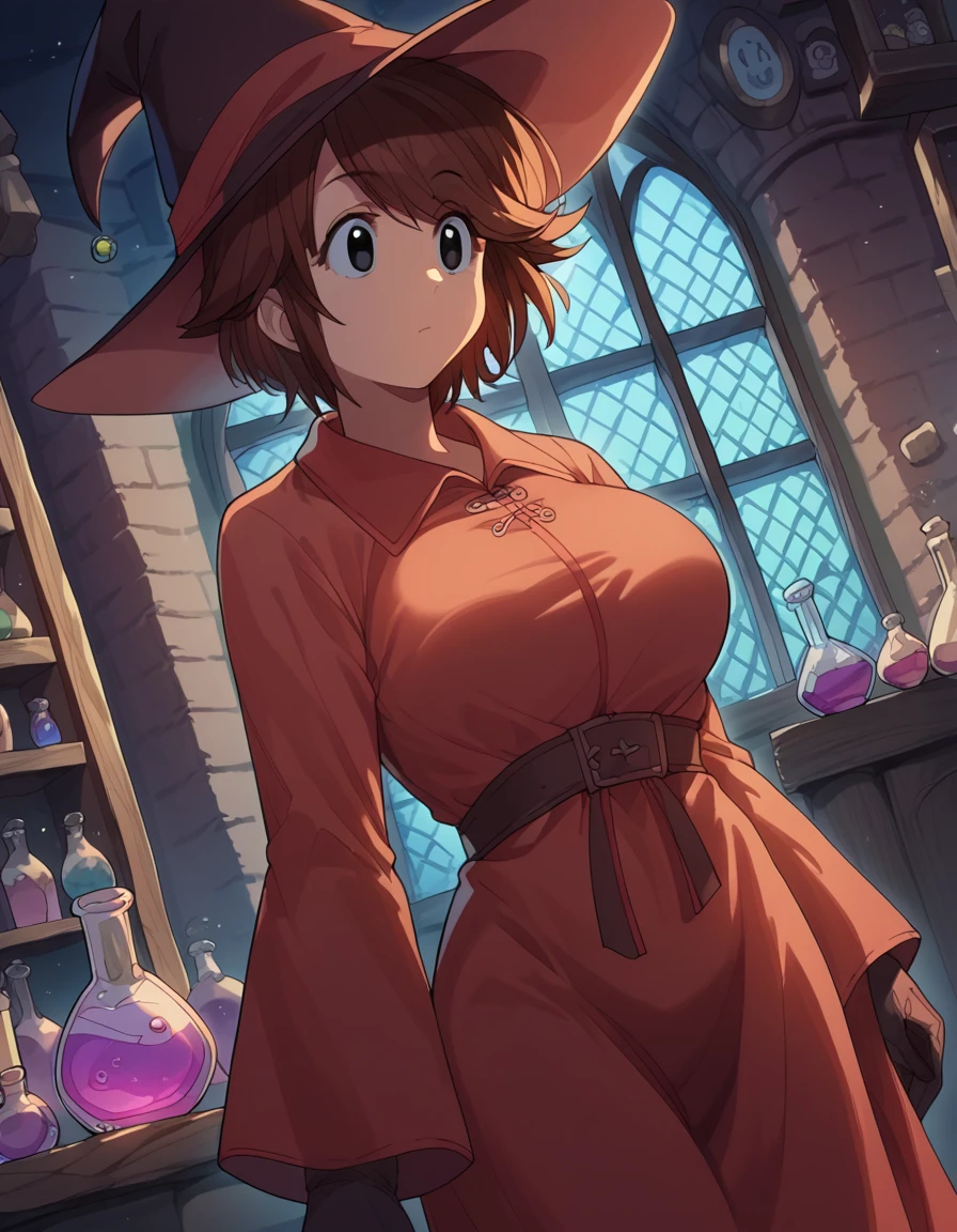 score_9, score_8_up, score_7_up, source_anime, <lora:kyouko-houin-s1-ponyxl-lora-nochekaiser:1>, kyouko houin, short hair, large breasts, brown hair, black eyes,, <lora:wizard-ponyxl-lora-nochekaiser:1>, wizard, wizard hat, robe, dress, long sleeves, gloves,, indoors, bricks, potion, flask, vial,, cowboy shot,, , dutch angle, cowboy shot