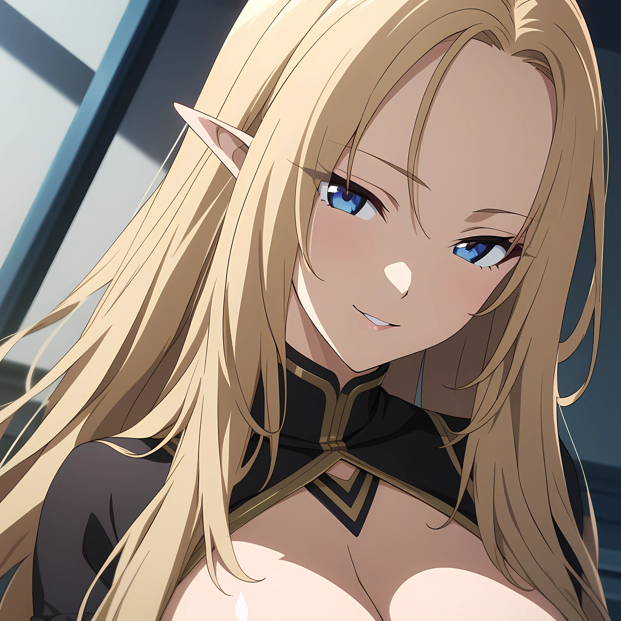 (masterpiece),(best quality),(ultra-detailed),(best illustration),(best shadow),(absurdres),(detailed background),(very aesthetic),
alpha(kagejitsu),1girl, blonde hair, blue eyes, pointed ears, long hair, large breasts, intricate design, black bodysuit, cleavage, upper body view, seductive smile, anime coloring, <lora:XL-Alpha(Kagejitsu):1>