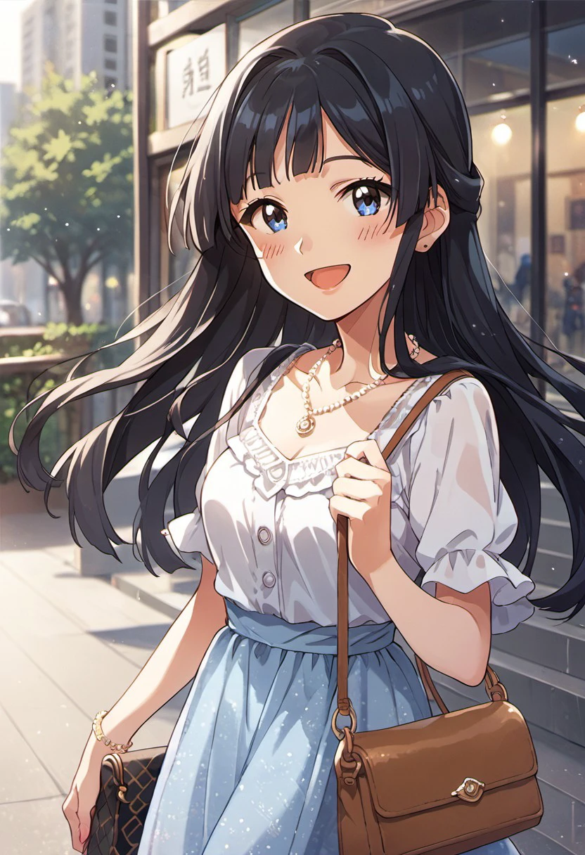 score_9, score_8_up, score_7_up, source_anime, mogami shizuka, long hair, blue eyes, black hair, 1girl, solo, dress, smile, looking at viewer, open mouth, jewelry, handbag, bag, necklace, blush, :d