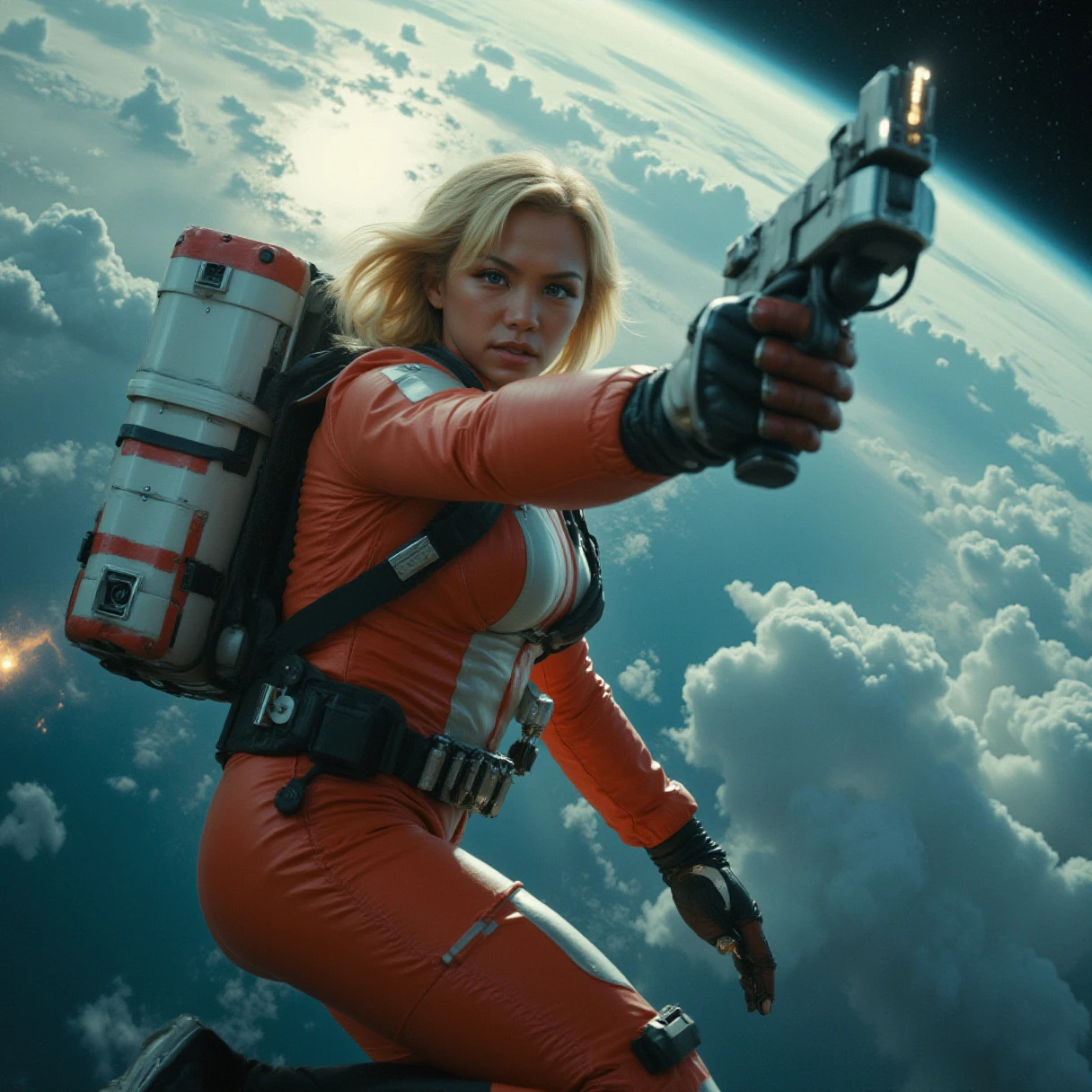 dynamic angles,photoshoot poses, The image shows a young woman in a space suit, holding a large futuristic weapon. She is flying in front of a vast expanse of space, with the Earth visible in the background. The woman has shoulder-length blonde hair and is looking directly at the camera with a serious expression on her face. She has a backpack attached to her back, which appears to be made of a white and red material.  The sky is dark and cloudy, with a bright light shining down on the woman. The overall mood of the image is intense and dramatic,RAW candid cinema, 16mm, color graded portra 400 film, remarkable color, ultra realistic, textured skin, remarkable detailed pupils, realistic dull skin noise, visible skin detail, skin fuzz, dry skin, shot with cinematic camera, detailed skin texture, (blush:0.2), (goosebumps:0.3), subsurface scattering, beautiful photograph in the style of Augustus John, Sergio Toppi, Virginia Frances Sterrett, 8k HD, detailed skin texture, ultra realistic, textured skin, analog raw photo, cinematic grain, whimsical