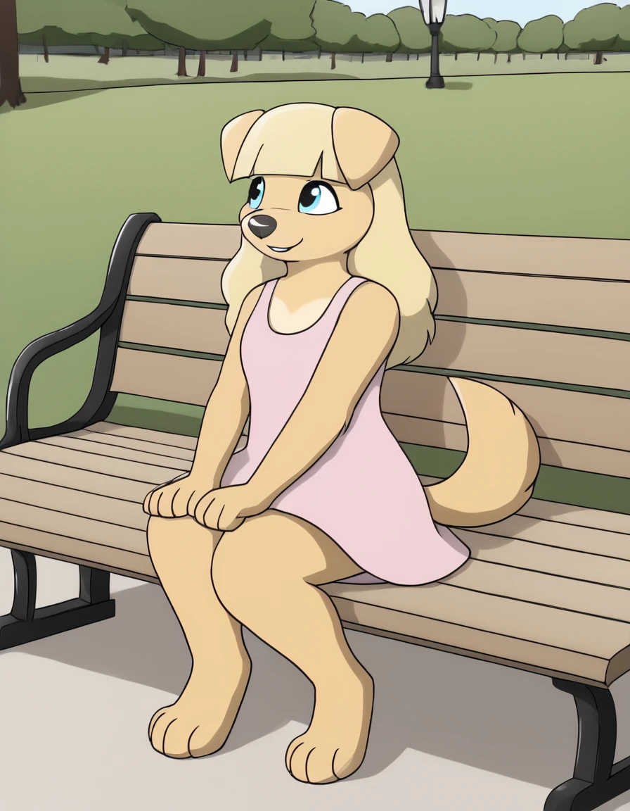 park,park bench, 
Danielle,1girl,solo,furry female,blonde hair,bangs,animal ears,body fur,blunt bangs,dog girl,animal nose,dog ears,blue eyes,tail,sidelocks,long hair,two-tone fur,dog tail,
full body, smile, parted lips, 
pink sundress, 
sitting on bench, 
<lora:Danielle_v01_PDXL:1>,
<lora:add-detail-xl:1>,