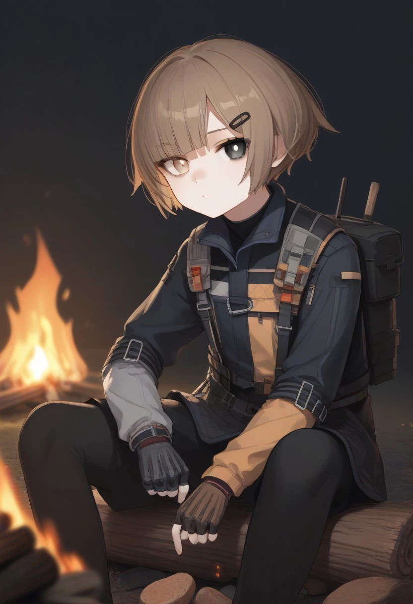 score_9, score_8_up, score_7_up, source_anime, BREAK sitting, campfire, expressionless, hairclip, short hair, brown hair, heterochromia, white iris, black iris, jacket, bangs, jacket, fingerless gloves, looking at viewer, white pupil, black pupil