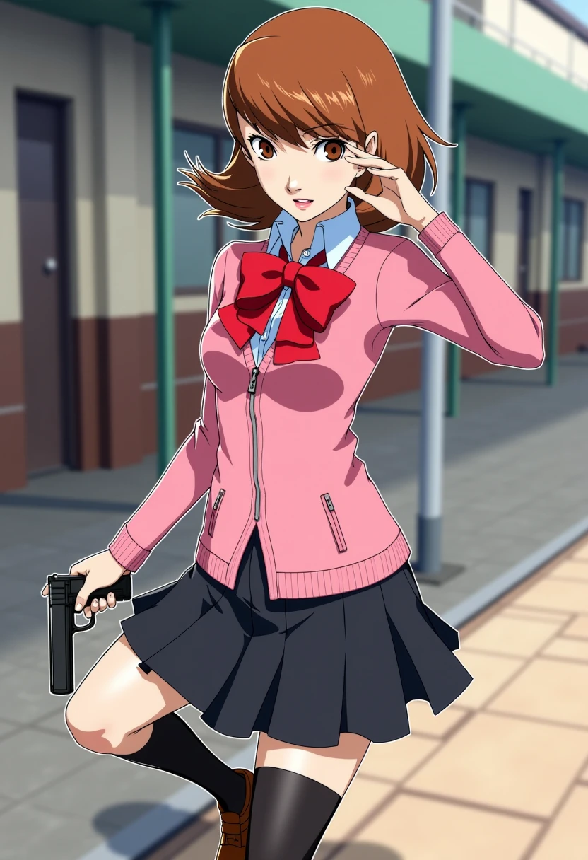 A detailed solo portrait of yukari takeba, 
Anime style, sharp, high contrast and highly detailed.,
<lora:persona_3_yukari_takeba_flux_v1_2-000005:0.9>,
She is wearing a stylish school uniform. Her outfit consists of a fitted, long-sleeved pink cardigan that is zipped up the front, paired with a large red bow around her neck. Beneath the cardigan, she wears a white collared shirt, with the blue collar peeking out. The girl has a black pleated skirt that reaches mid-thigh, along with long black knee-high socks and brown loafers. She is holding a small black pistol, pointing the pistol to her temple.