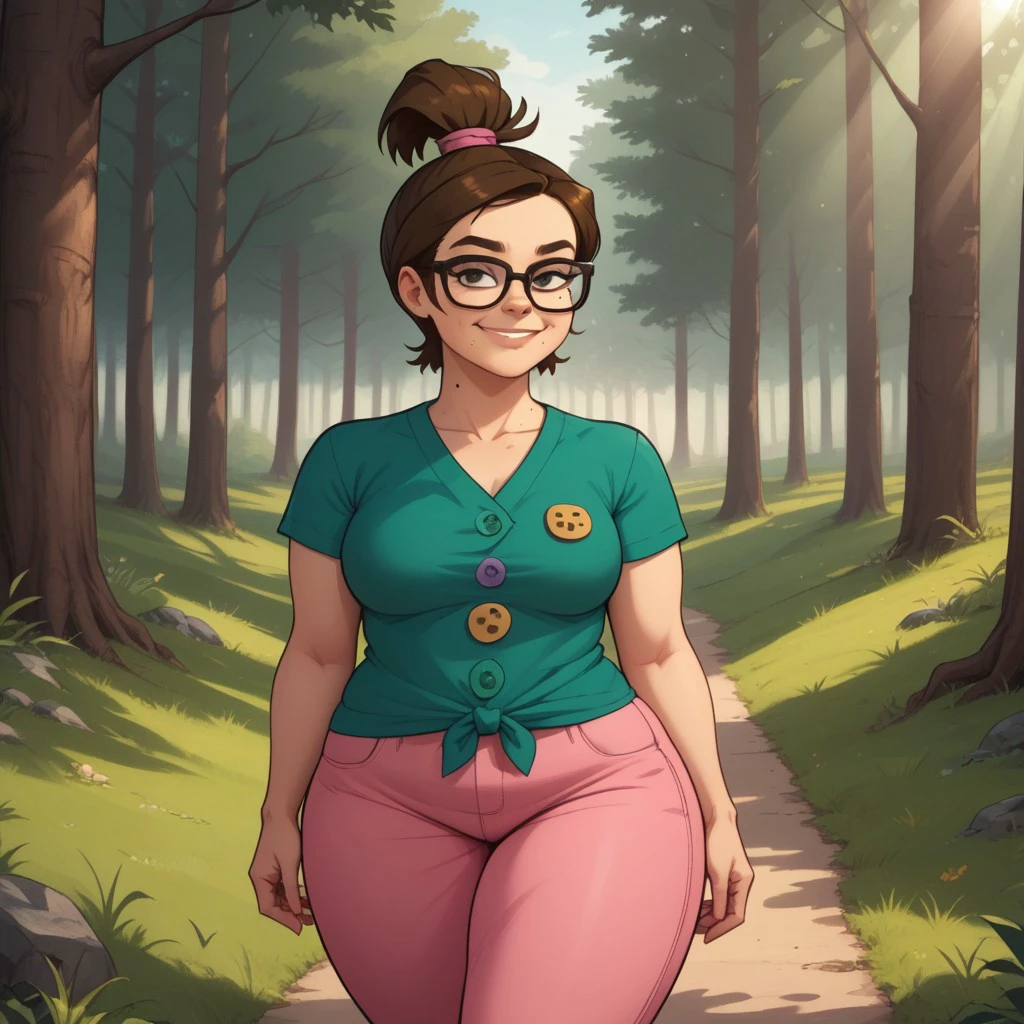 score_9, score_8, BREAK, solo, tied shirt, pink pants, glasses, brown hair, ponytail, mole under mouth, button badges, plump, curvy, sneakers, total drama, Beth_(Total_Drama), cute, breasts, sexy pose, smile, outdoors, sunlight, shadows, evening lighting, natural lighting, forest, trees, grass, orange sky, sunset