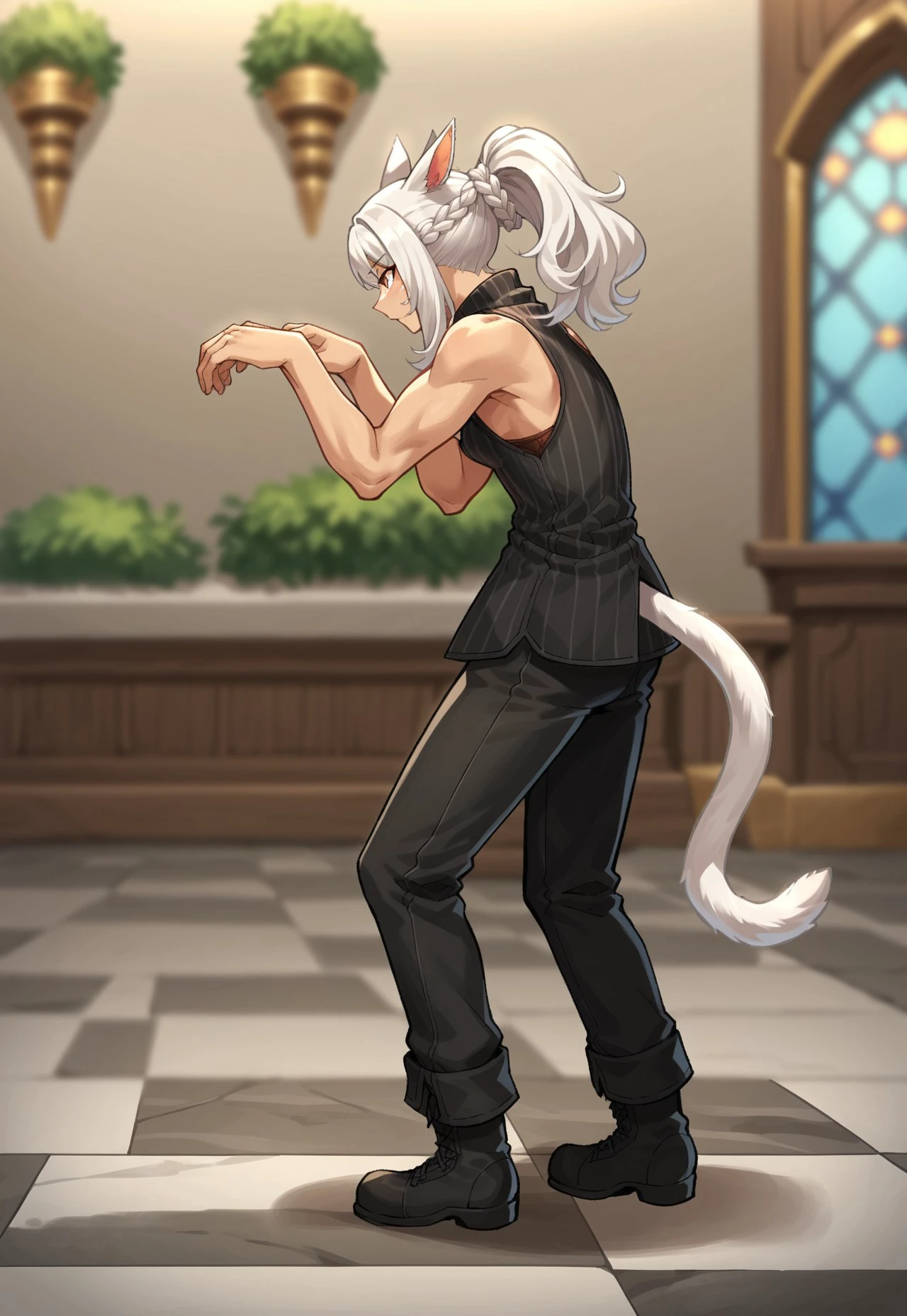 PonyXLV6_Scores  m4l3v_pose_duskfallcrew, 1girl, solo, miqo'te, tail, cat tail, cat ears, animal ears, ponytail, blurry background, blurry, sleeveless, white hair, pants, black pants, braid, from side, indoors, boots, full body, cat girl, dark entreaty, hands up, malevolence, pose , source_anime