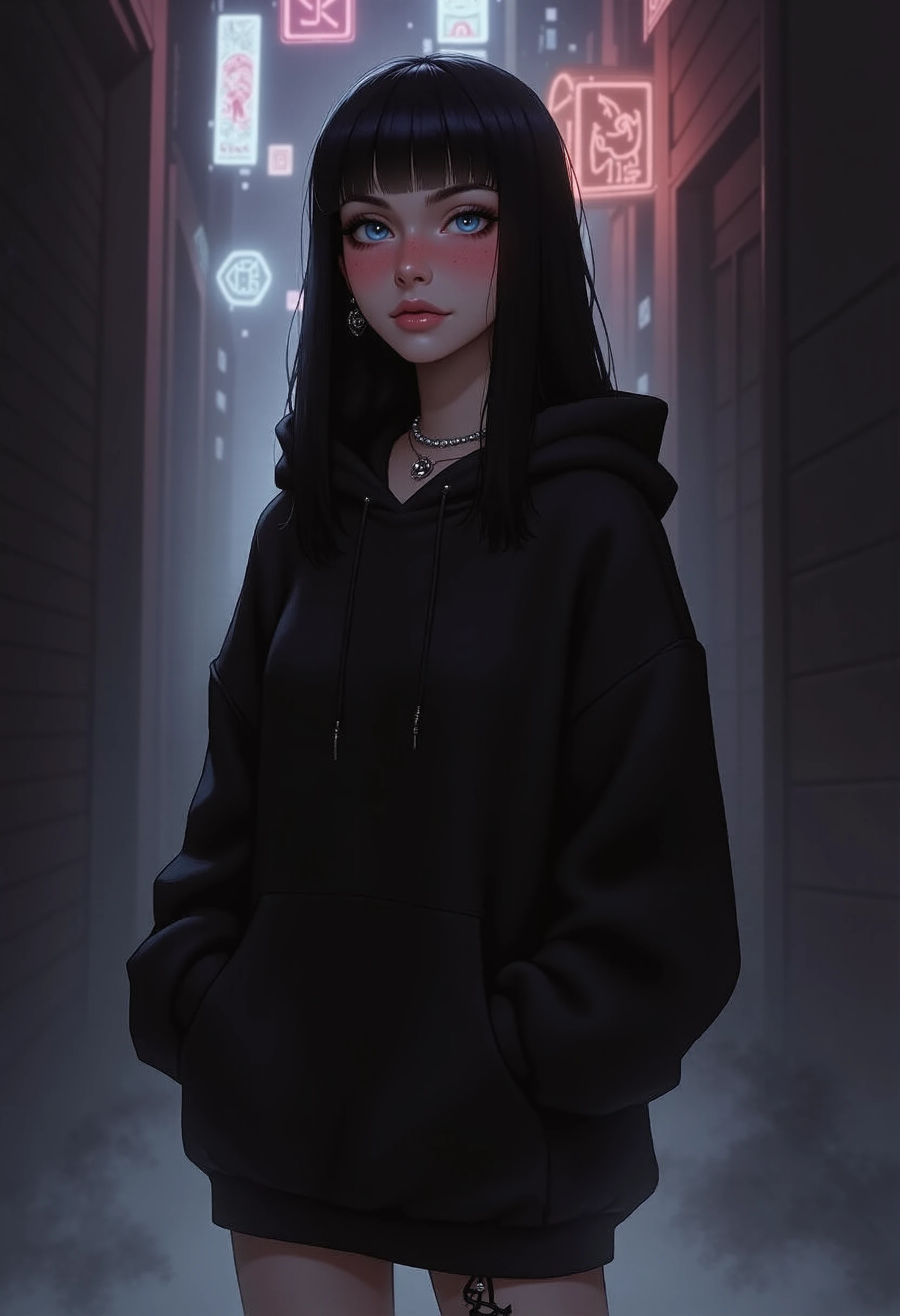 a cute goth girl with straight black hair standing in a dimly lit alley. She is wearing a black oversize hoodie and piercings, she is looking at the camera showing her light blue eyes. Her cheeks are blushed and she has soft freckles. the entire scene is layed in a mystic smoke giving the scene a mysterious vibe.