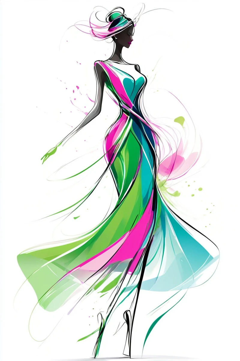 , A digital illustration of an elegant woman in motion, A minimalist fashion illustration of an elegant woman in motion with vibrant colors and fluid lines. The background is white for contrast, creating a sense of movement and elegance. This design is suitable for use across various applications, greens, and purples, highlighting the dynamic pose and stylish attire. Soft lighting creates depth and dimension to showcase movement, rendered as colorful ink splashes on a white background. The colors include vibrant pinks, resulting in a high-resolution, set against a white background. The color palette features shades of blue and green, set against a white background. The colors create dynamic splashes around her figure, standing tall with graceful curves and flowing lines, making it suitable for design projects or promotional materials., adding energy to the composition. Her pose is graceful yet powerful as she moves across the scene. This style reflects movement and fashion elegance, A fashion illustration of an elegant woman in motion
<lora:artfullyWHTFSKETCH:1>, artwhtfsketch,