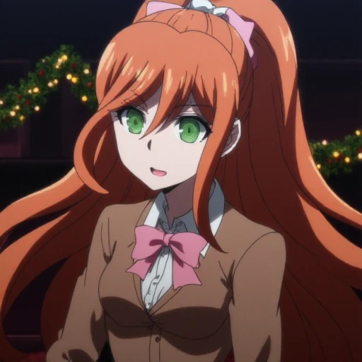 <lora:Chisa_Yukizome_Flux:1>,  The image is a screencap from the anime Danganronpa The Animation. Chisa Yukizome with green eyes and long orangish brown hair in a ponytail with a pale pink scrunchie. Her hair flows around her back and reaches her waist. Chisa Yukizome is wearing Chiaki Nanami's uniform from Danganronpa 3. The uniform consists of a brown jacket and a white shirt with a pink ribbon tied around her neck in a bow, brown skirt, black socks, and black shoes.  Chisa is hosting a Christmas movie marathon in the school's auditorium, complete with a hot cocoa bar and an assortment of festive snacks. She introduces each film with enthusiasm, sharing her love of classic holiday stories with her students. The auditorium is dimly lit, with strings of twinkling lights and decorative garlands creating a cozy atmosphere.