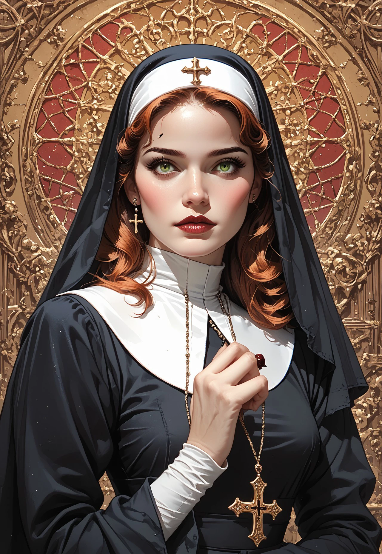 v1nt4g3 h3ll0w33n,  A (witchy demon:1.3) in a (nun's outfit:1.2), exuding charm and mystique, fully clothed, with a playful yet enchanting expression, surrounded by (magical elements:1.4), inspired by the styles of (Norman Rockwell:1.4) and (Joe Madureira:1.3), warm colors, whimsical atmosphere, detailed accessories, captivating background, score_9, score_8_up, score_7_up, score_6_up, score_5_up, score_5_up, score_4_up