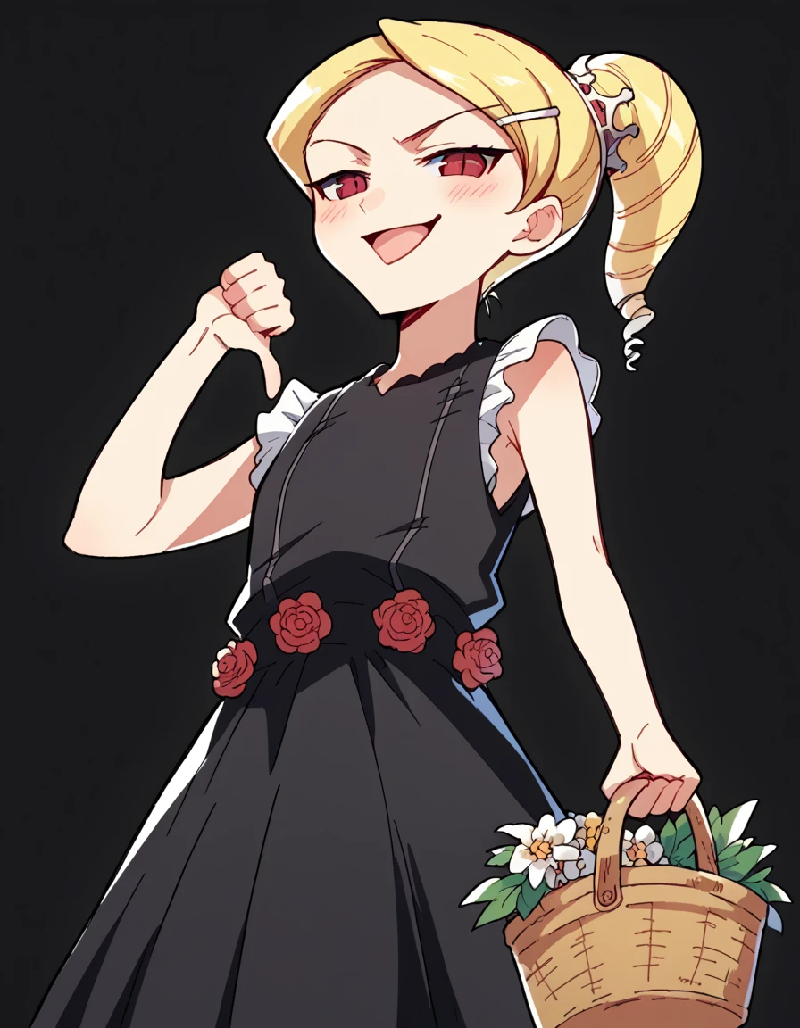 score_9, score_8_up, score_7_up, source_anime, <lora:kaibutsuoujo-sherwood-s1-ponyxl-lora-nochekaiser:1>, sherwood, blonde hair, hair ornament, red eyes, ponytail, hairclip, drill hair, dress, flower, black dress, black dress, skirt, frilled skirt, black skirt, sleeveless, sleeveless dress, farmers market, fresh produce, local vendors, baskets, sunny day, community, smile, <lora:thumbs-down-ponyxl-lora-nochekaiser:1>, thumbs down, blush, from below, smug, tongue, tongue out, open mouth, black background, looking at viewer, solo,, dutch angle, cowboy shot