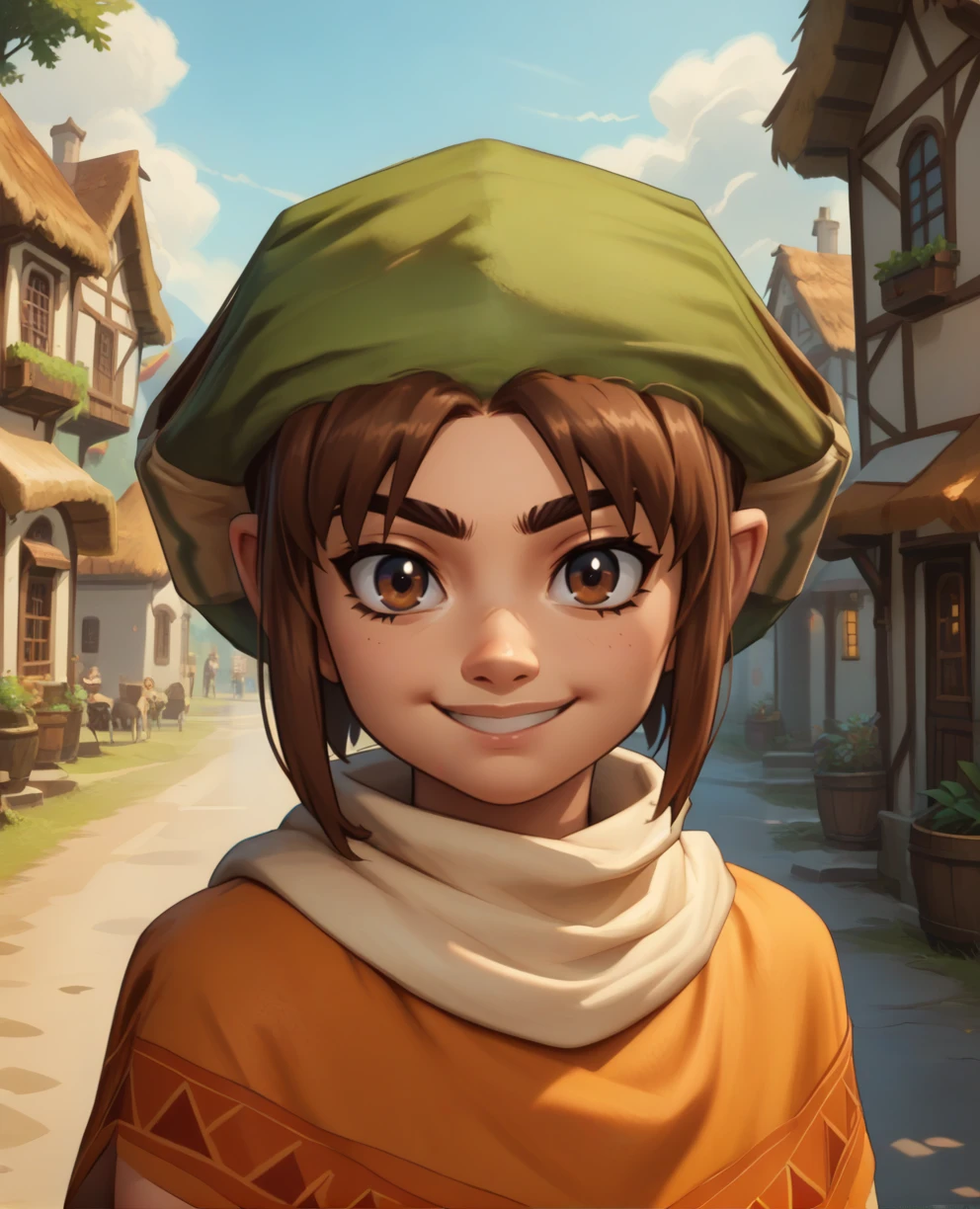 score_9,score_8_up,
Toanxl,brown hair,brown eyes,
orange poncho,green hat,white scarf,
looking at viewer,smile,
small village,outdoors,
standing,<lora:ToanXL:0.8>,