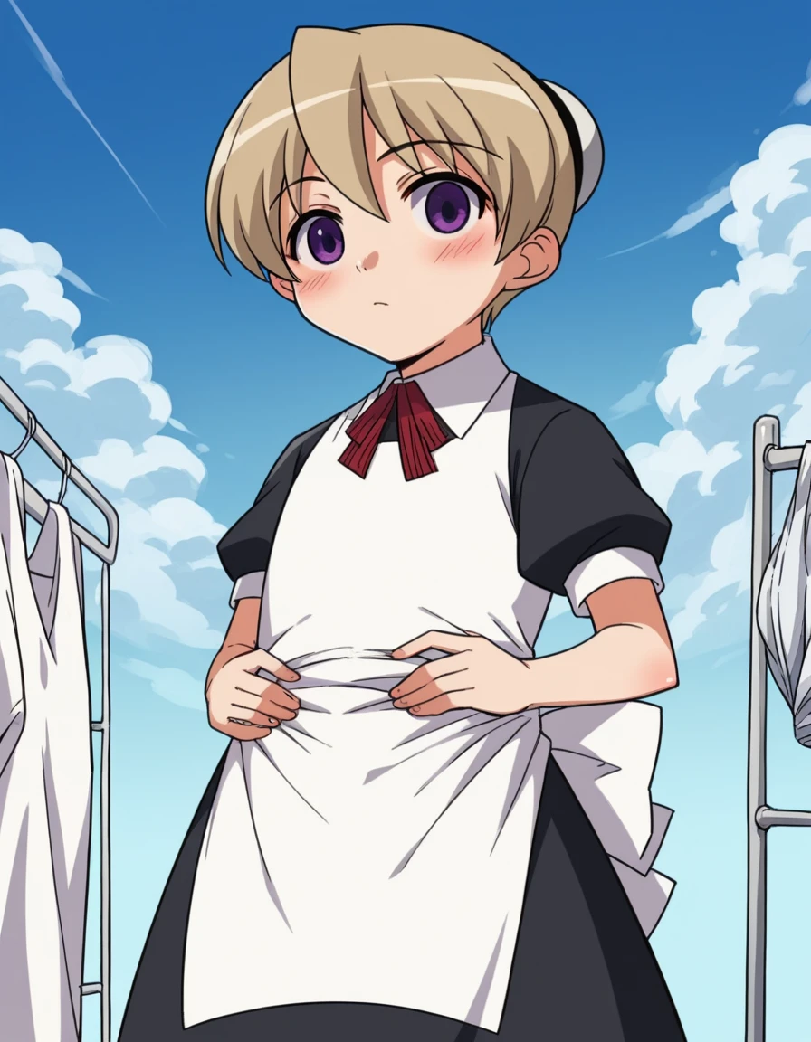 score_9, score_8_up, score_7_up, source_anime, <lora:kaibutsuoujo-flandre-s1-ponyxl-lora-nochekaiser:1>, flandre, short hair, blonde hair, purple eyes, hair bun,, apron, maid,, laundry day, clothesline, drying clothes, domestic life, fresh air, blue sky, , hands on stomach, blush,, looking at viewer, solo,, dutch angle, cowboy shot