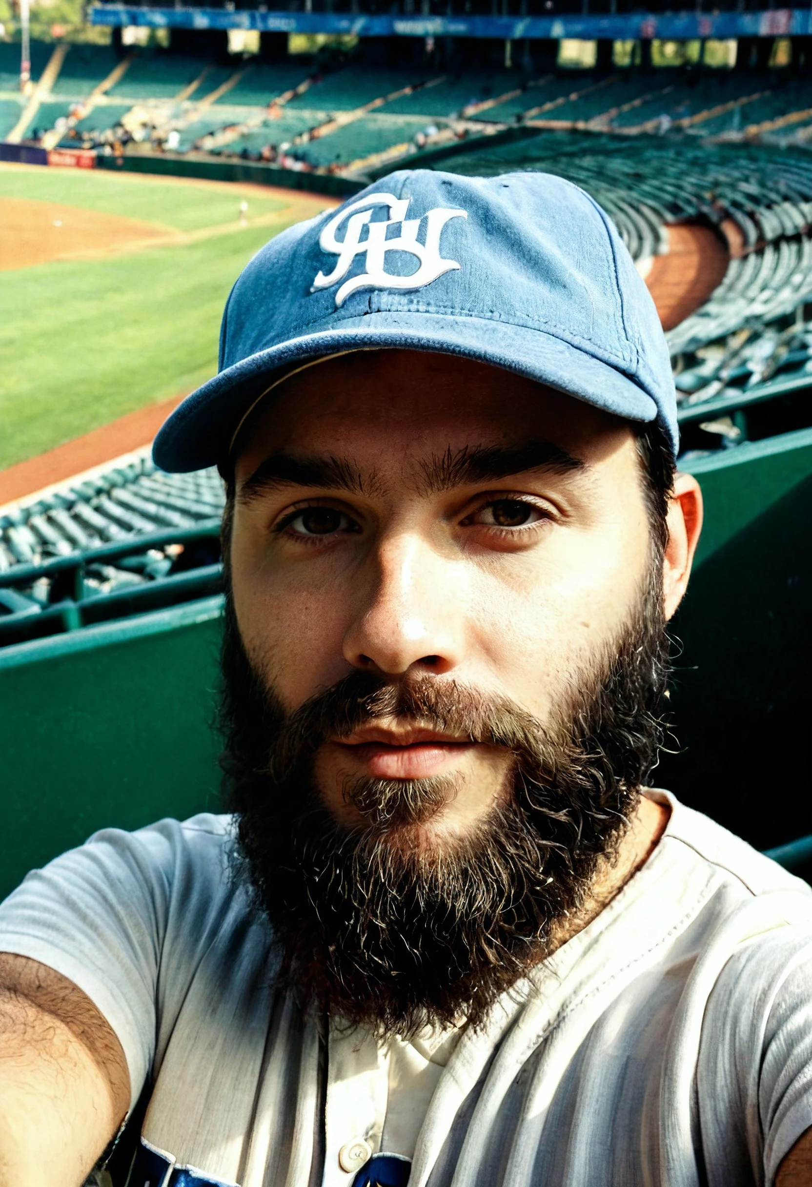 man, beard, hat, baseball stadio, selfie, detailed, film grain, raw, real life photo, amateur, traditional media