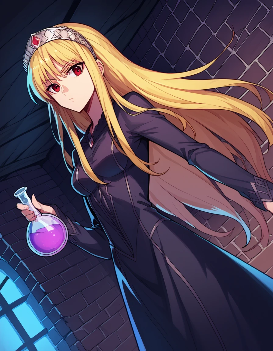 score_9, score_8_up, score_7_up, source_anime, <lora:kaibutsuoujo-liliane-s1-ponyxl-lora-nochekaiser:1>, liliane, long hair, blonde hair, red eyes, very long hair, tiara, medium breasts,, <lora:wizard-ponyxl-lora-nochekaiser:1>, wizard, wizard hat, robe, dress, long sleeves, gloves,, indoors, bricks, potion, flask, vial,, cowboy shot,, , dutch angle, cowboy shot