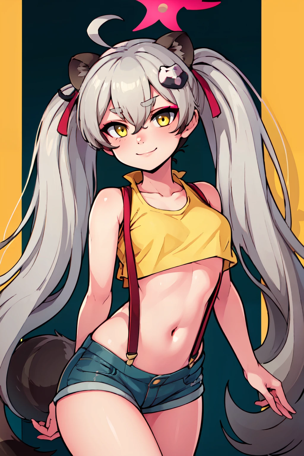 ((masterpiece,best quality)), absurdres,  BREAK, , <lora:Michiru_BlueArchive_Citron:0.8>,, zzMichiru, animal ears, grey hair, long hair, raccoon ears, raccoon girl, halo, twintails, yellow eyes, hair between eyes, multicolored hair, tail, raccoon tail, hair ornament, ahoge,  , BREAK,  <lora:Misty_Pokemon_Cosplay_v3:0.8>,  misty (pokemon) (cosplay), yellow crop top, suspenders,, BREAK, solo, smile, looking at viewer, cowboy shot,