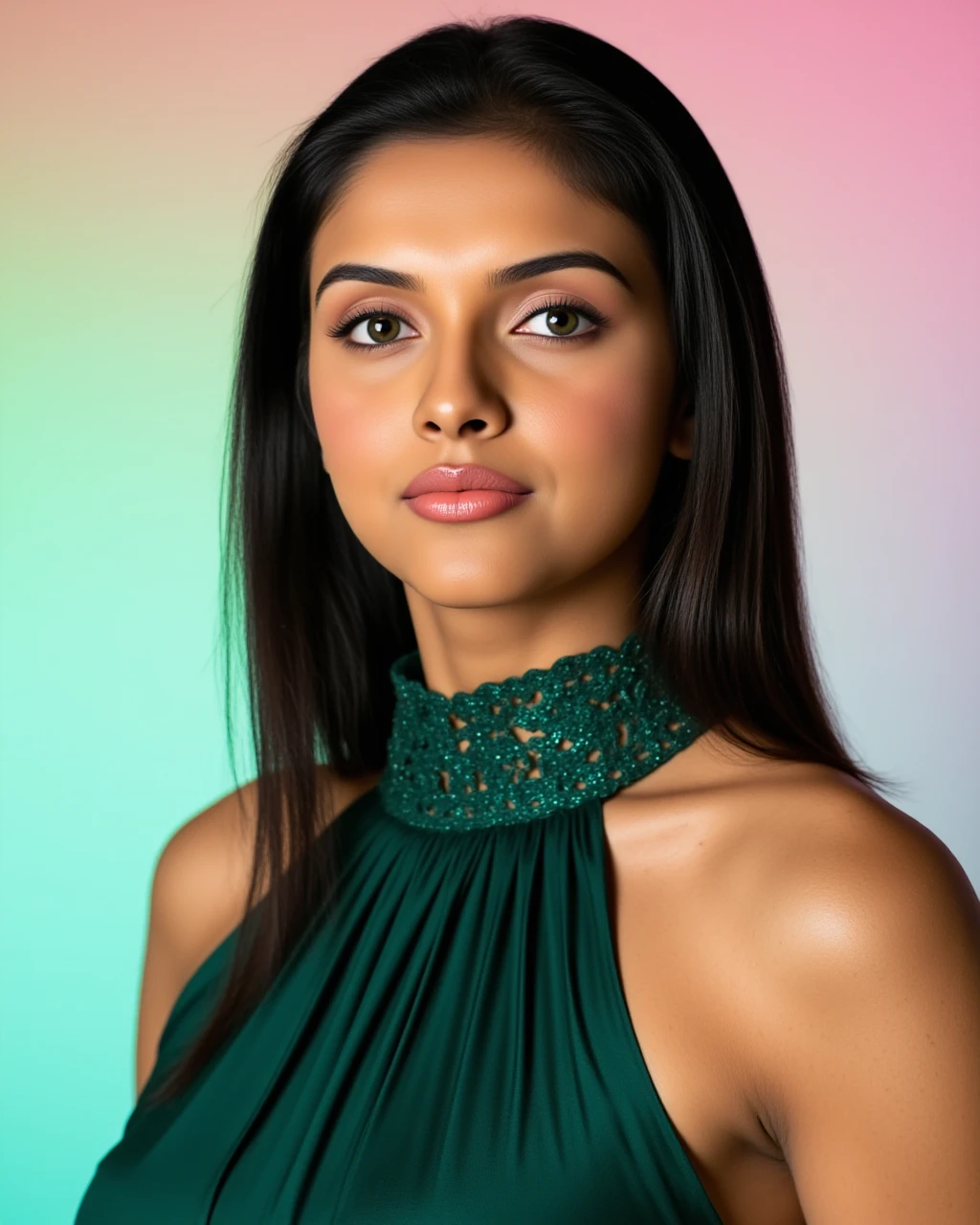 headshot photo of Asin woman,candid photo with natural colors, serious expression on face,studio quality, wearing intricate high neck elegant Forest Green sleeveless Salwar Kameez, straight hair, pastel shaded multicolored background, cinematic lighting<lora:TestBed\Asin_Flux_Kohya_V1-000005.safetensors:1.0:1.0>