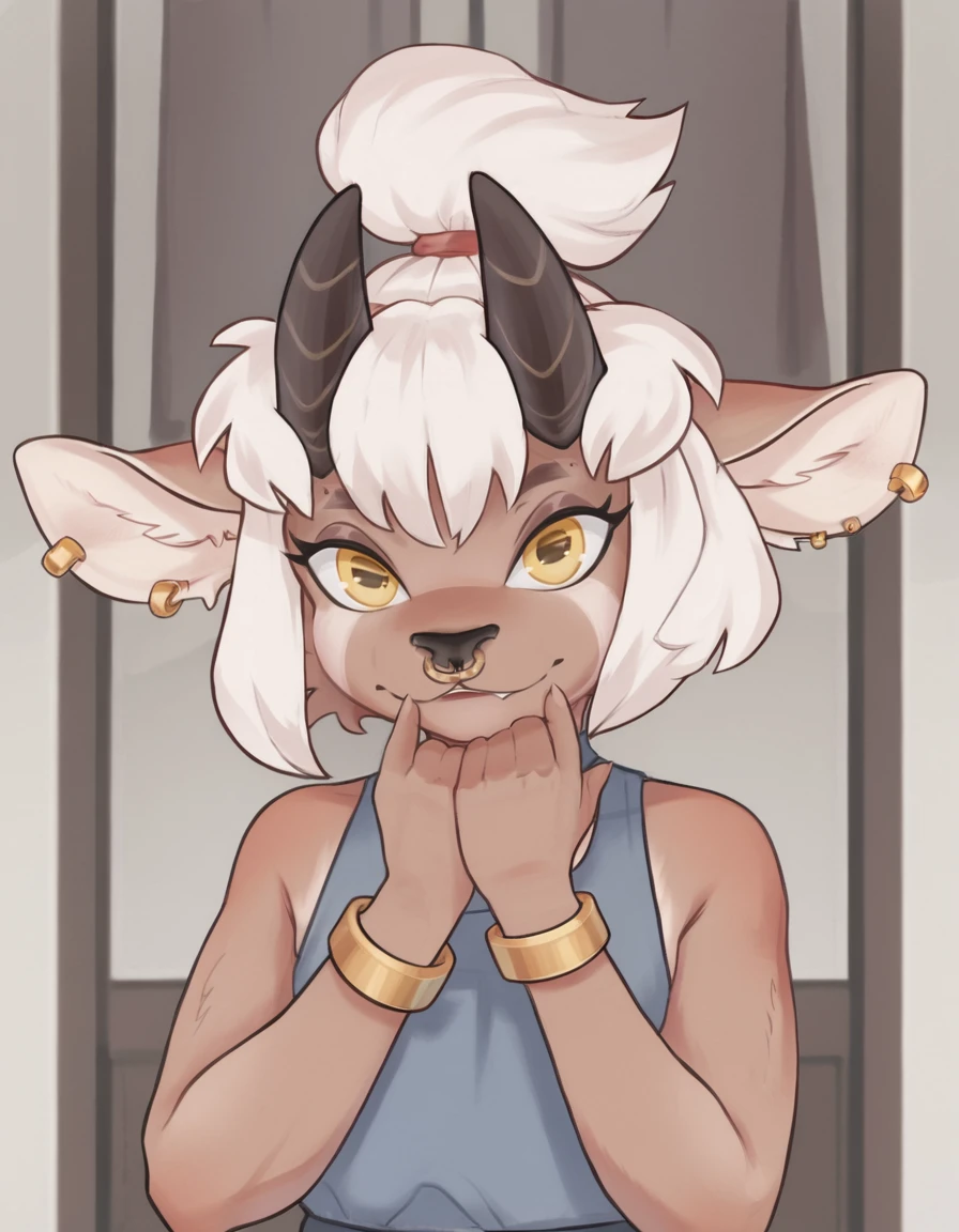 indoors,
Anya,1girl,solo,animal ears,horns,furry female,white hair,yellow eyes,body fur,bangs,jewelry,tail,short hair,bracelet,animal nose,earrings,goat ears,white fur,piercing,black horns,horizontal pupils,ponytail,goat horns,sidelocks,
upper body,smile,parted lips,teeth,pose, 
<lora:Anya_v02_PDXL:1>,
<lora:add-detail-xl:1>,